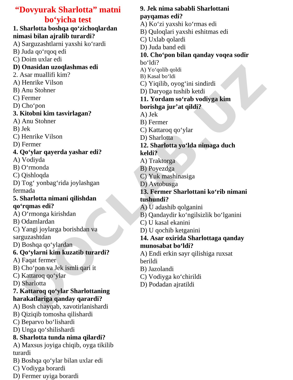 Dovyurak Sharlotta matni bo'yicha test