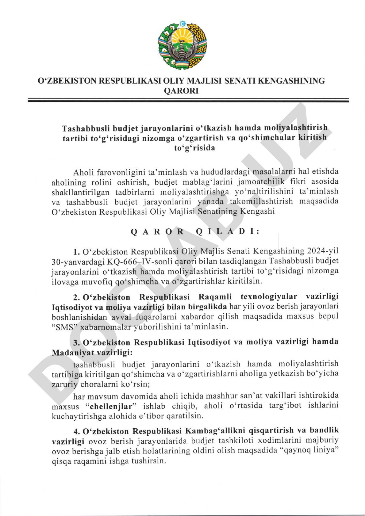 Tashabbusli budjet jarayonlarini o'tkazish hamda moliyalashtirish tartibi to'g'risidagi nizomga o'zgartirish va qo'shimchalar kiritish