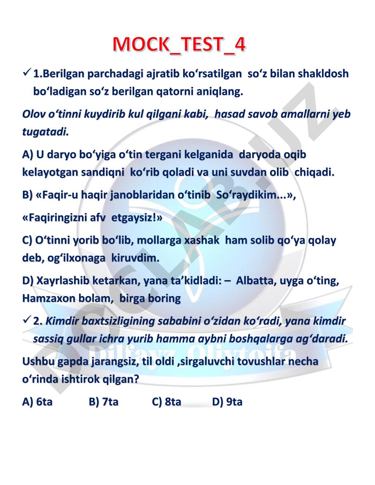O'zbek tili test savollari