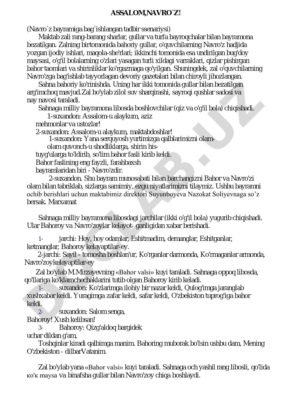 Navro'z bayramiga bag'ishlangan tadbir ssenariysi