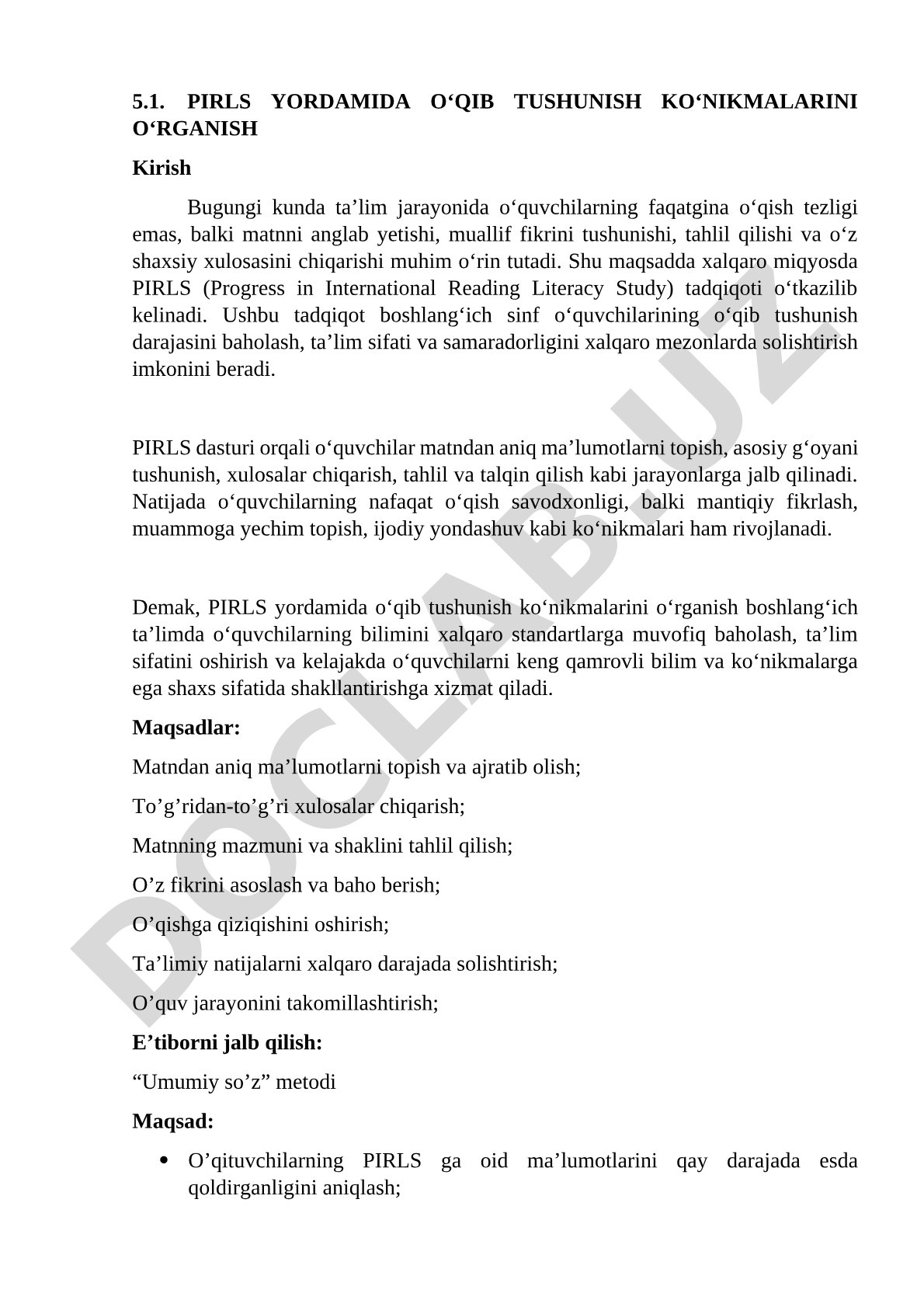 PIRLS yordamida o'qib tushunish ko'nikmalarini o'rganish