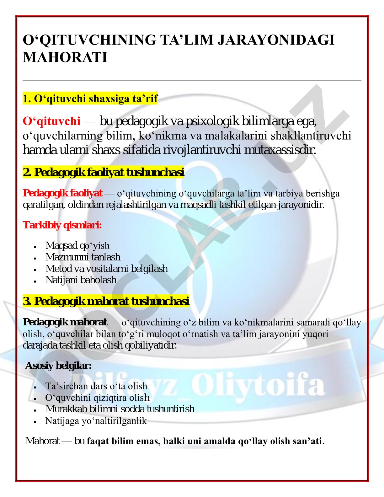 O'qituvchining ta'lim jarayonidagi mahorati