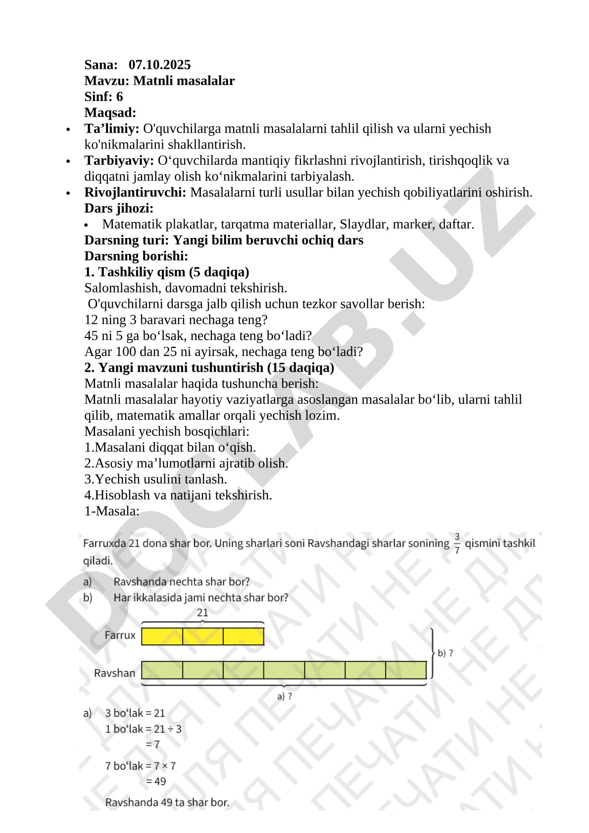 Matnli masalalar 6-sinf