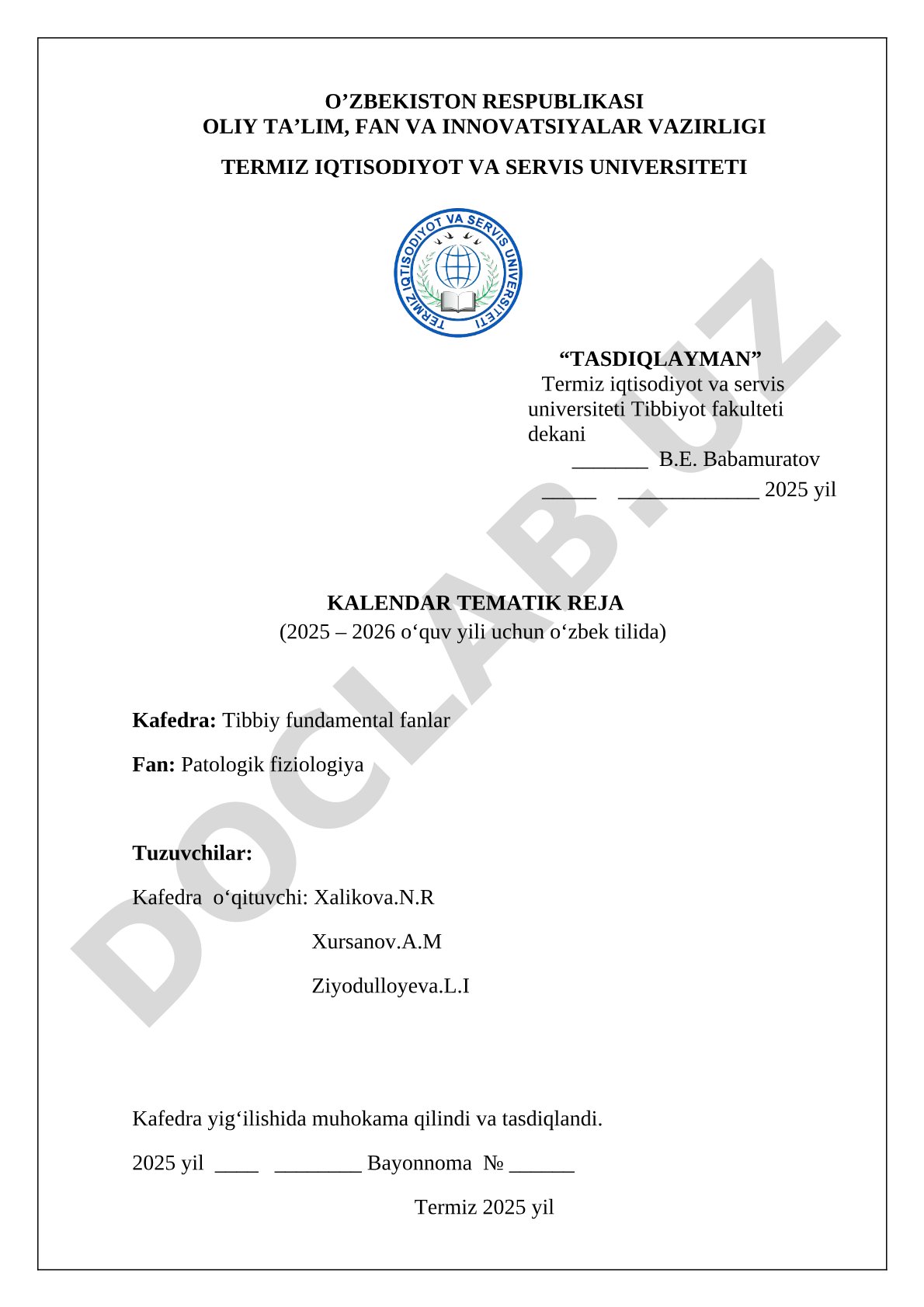 Patologik fiziologiya fanidan kalendar tematik reja (2025-2026 o'quv yili)