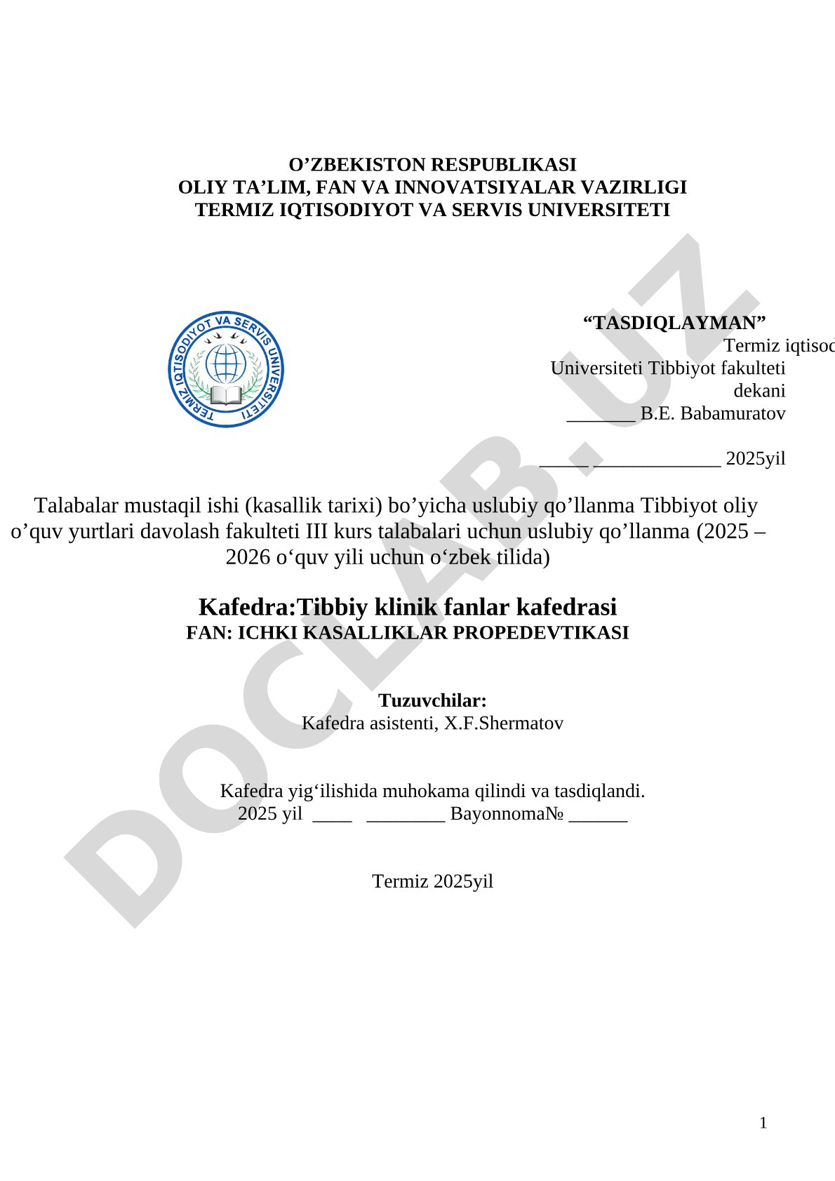 Talabalar mustaqil ishi (kasallik tarixi) bo'yicha uslubiy qo'llanma
