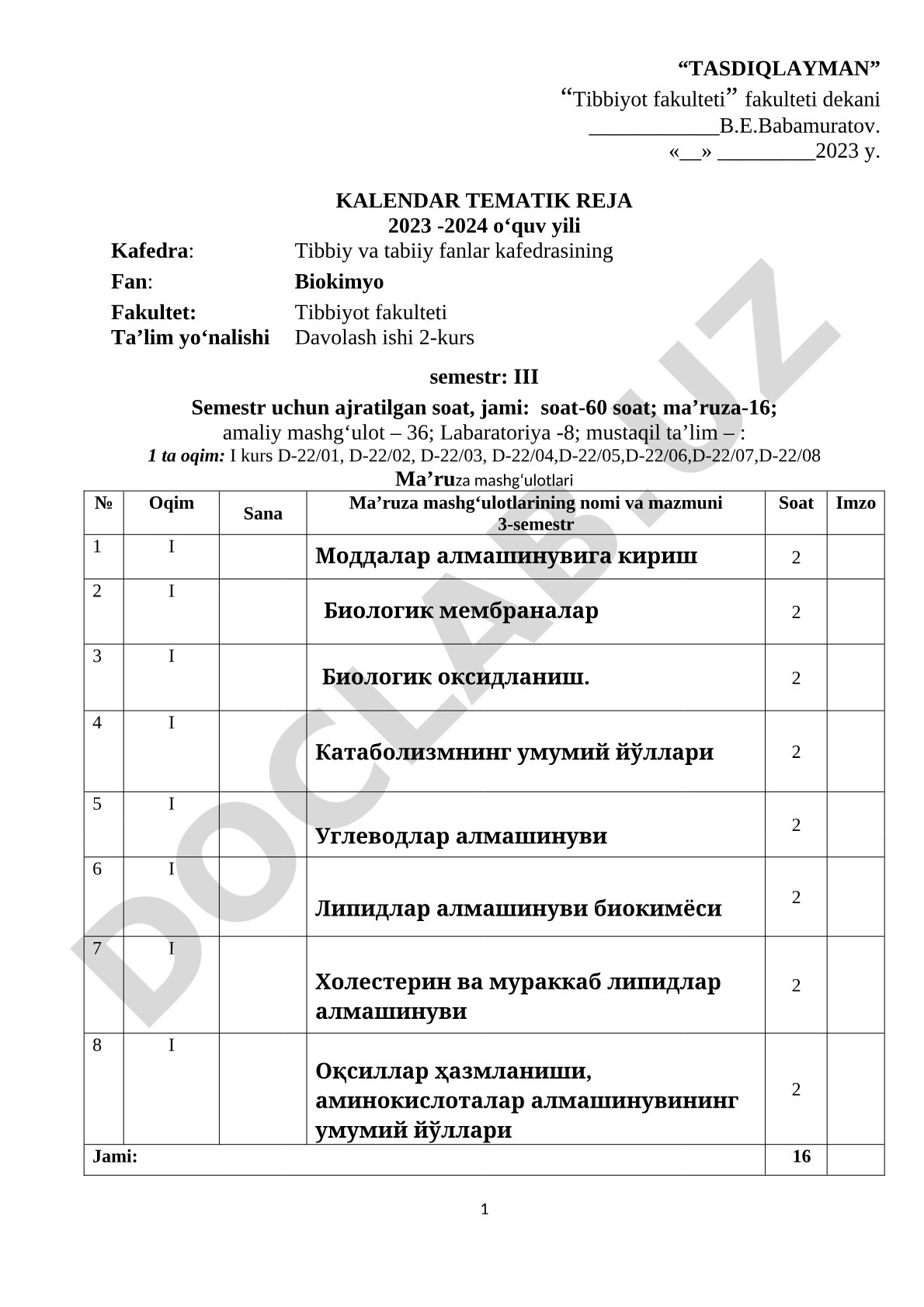 Biokimyo fanidan kalendar tematik reja