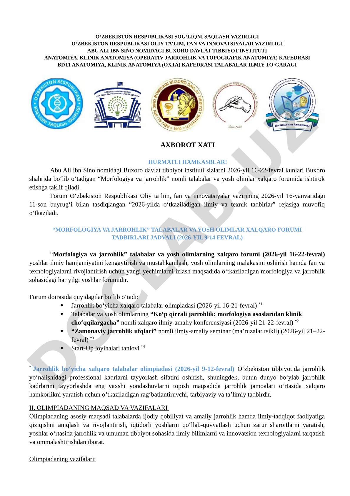 Morfologiya va jarrohlik talabalar va yosh olimlar xalqaro forumi axborot xati