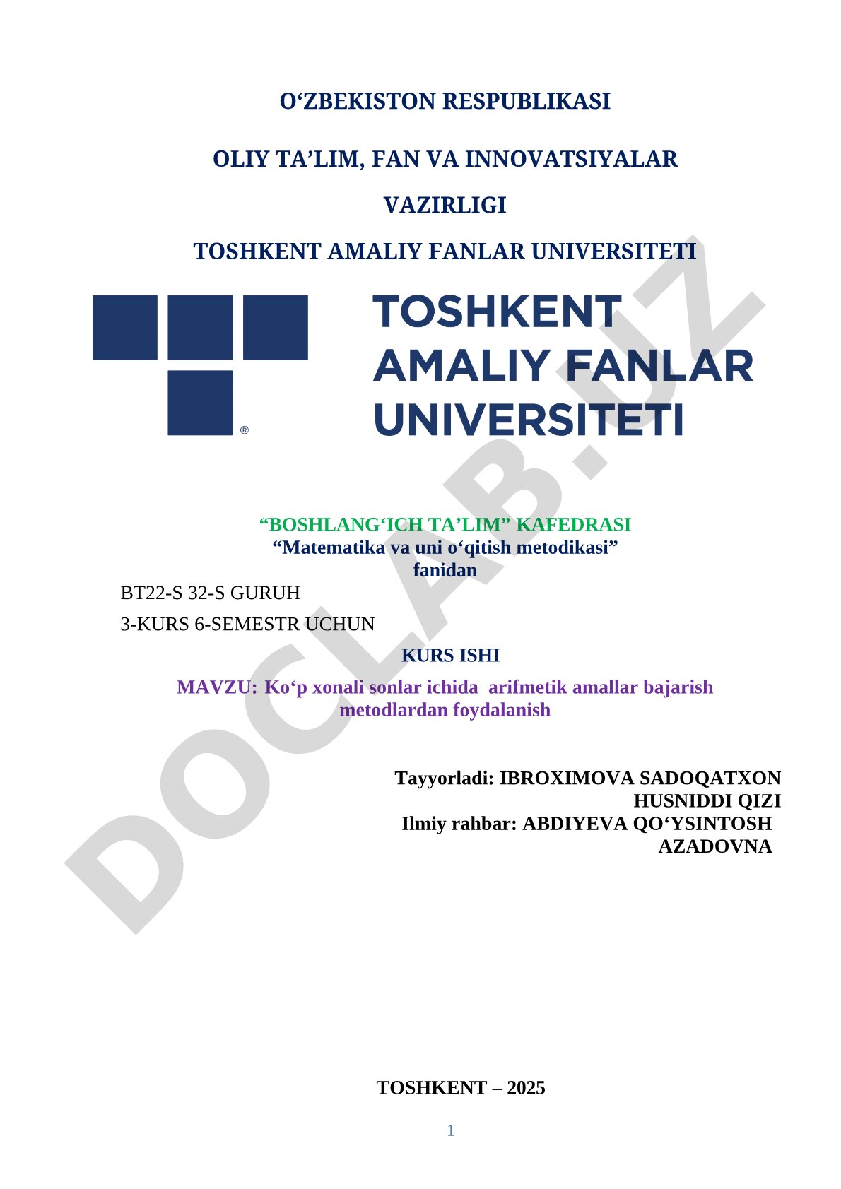 Ko‘p xonali sonlar ichida arifmetik amallar bajarish metodlardan foydalanish
