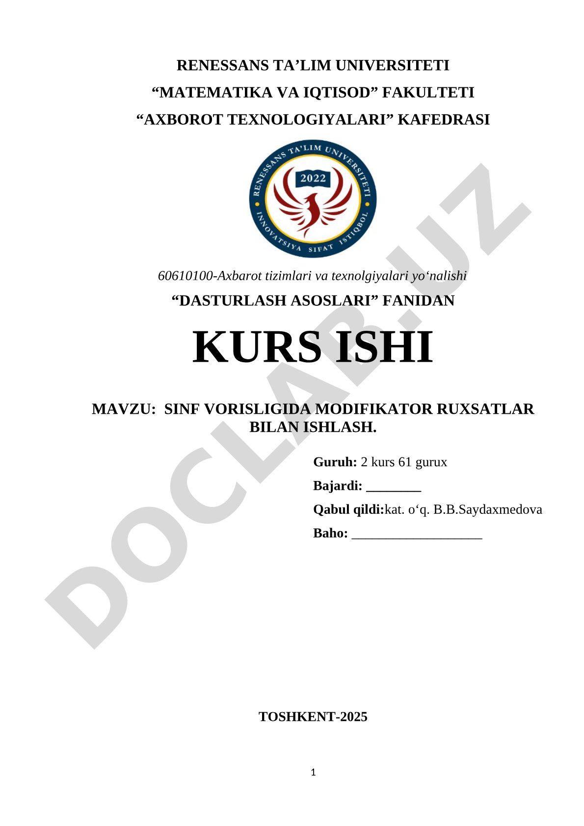 Sinf vorisligida modifikator ruxsatlar bilan ishlash
