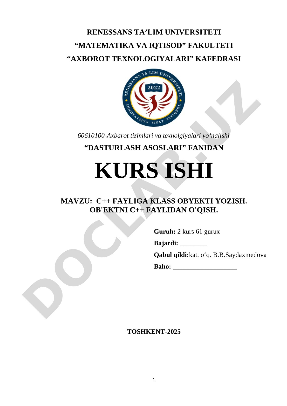 C++ fayliga klass obyekti yozish. Ob'ektni C++ faylidan o'qish