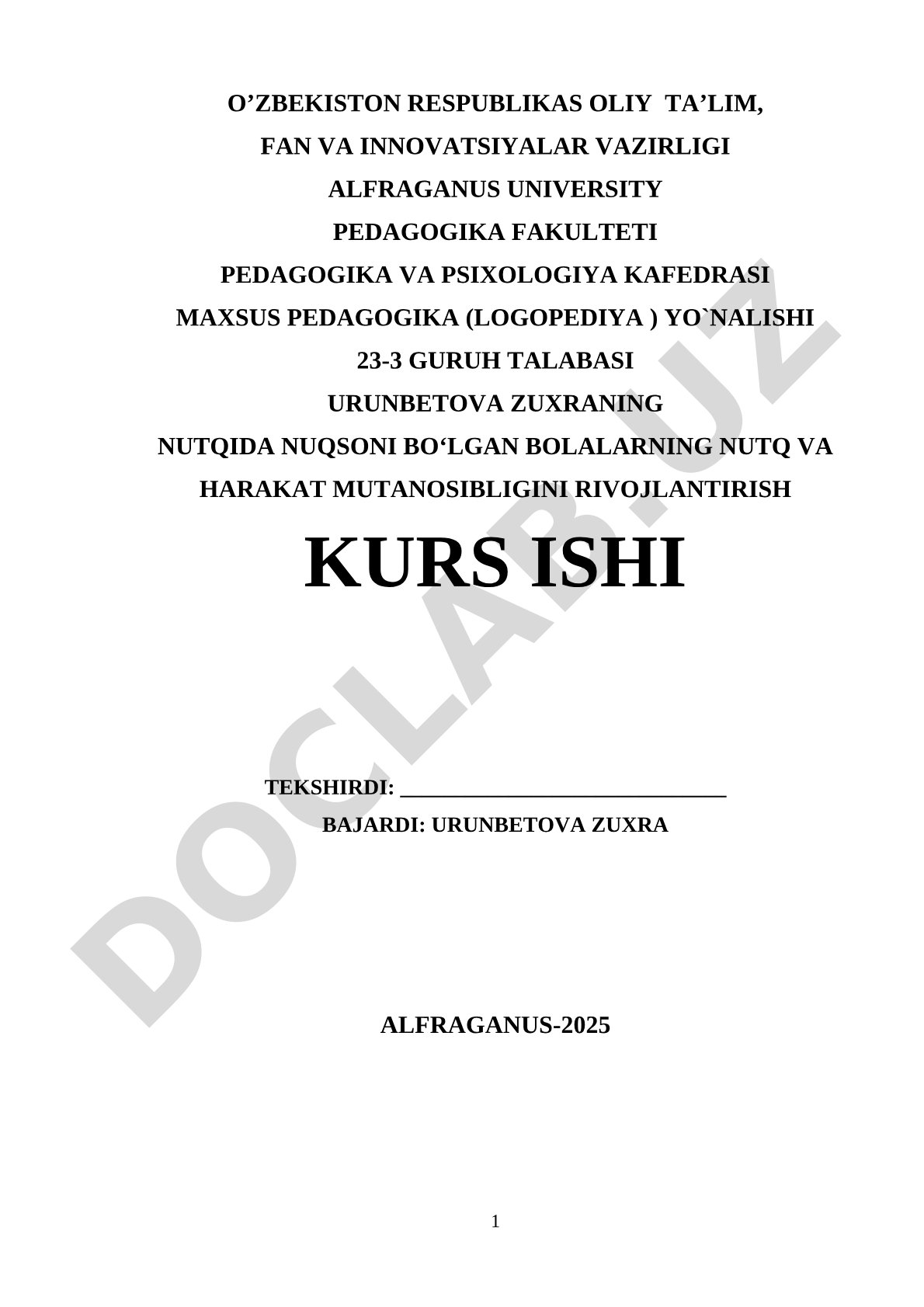 Nutqida nuqsoni bo'lgan bolalarning nutq va harakat mutanosibligini rivojlantirish