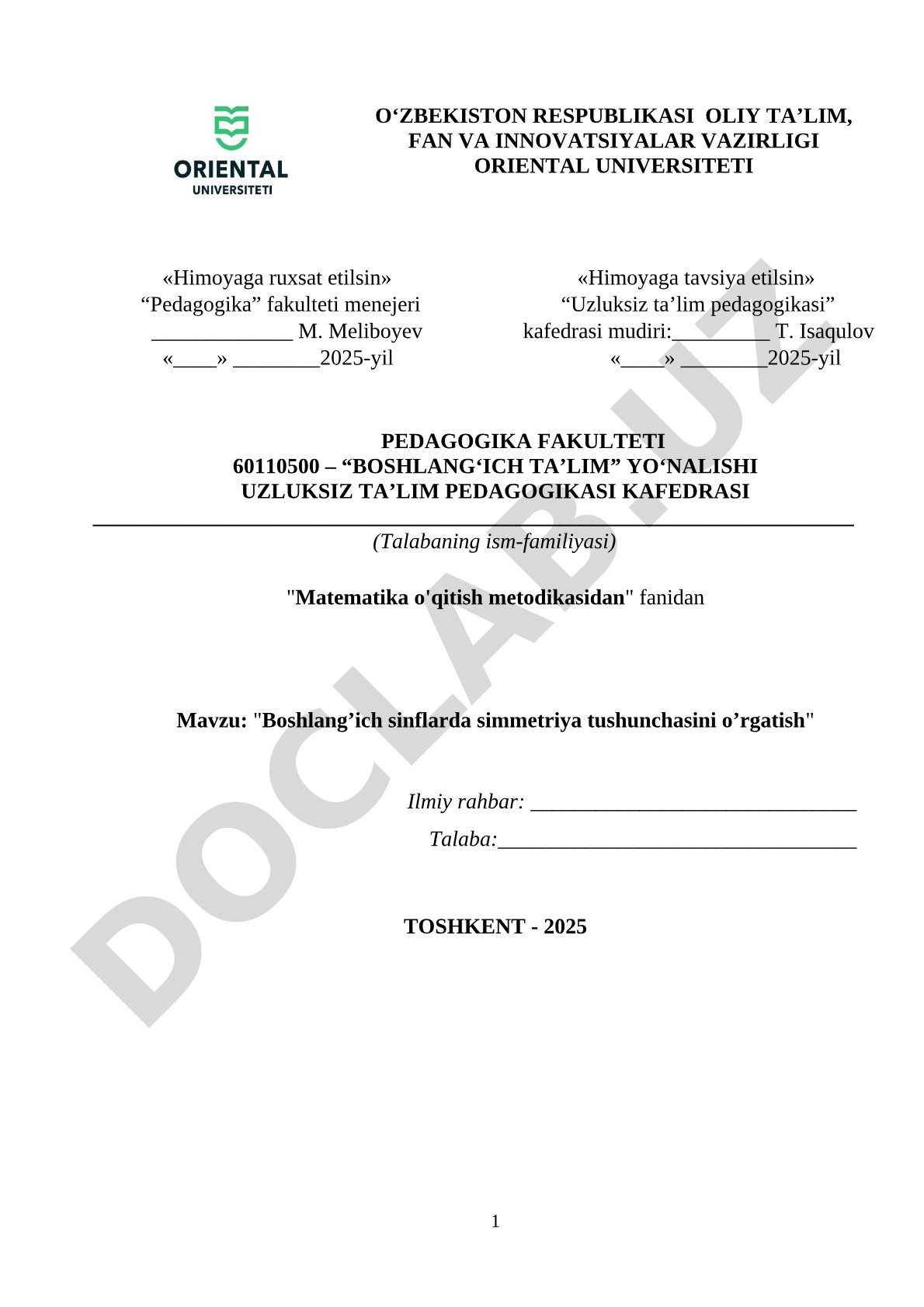 Boshlang’ich sinflarda simmetriya tushunchasini o’rgatish