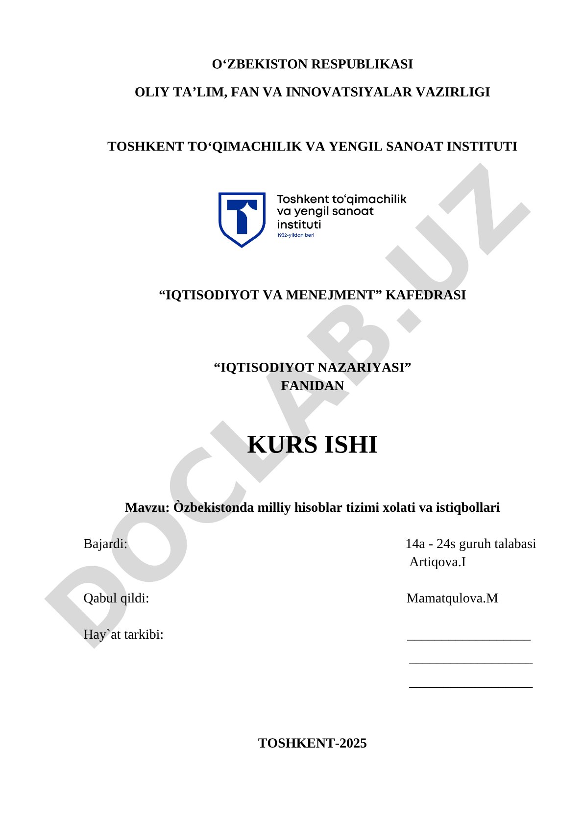 O'zbekistonda milliy hisoblar tizimi xolati va istiqbollari
