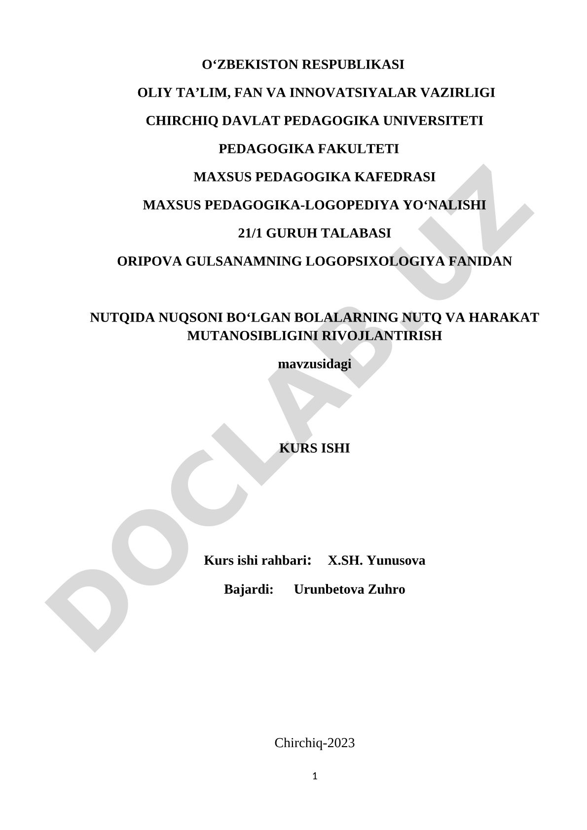 Nutqida nuqsoni bo‘lgan bolalarning nutq va harakat mutanosibligini rivojlantirish