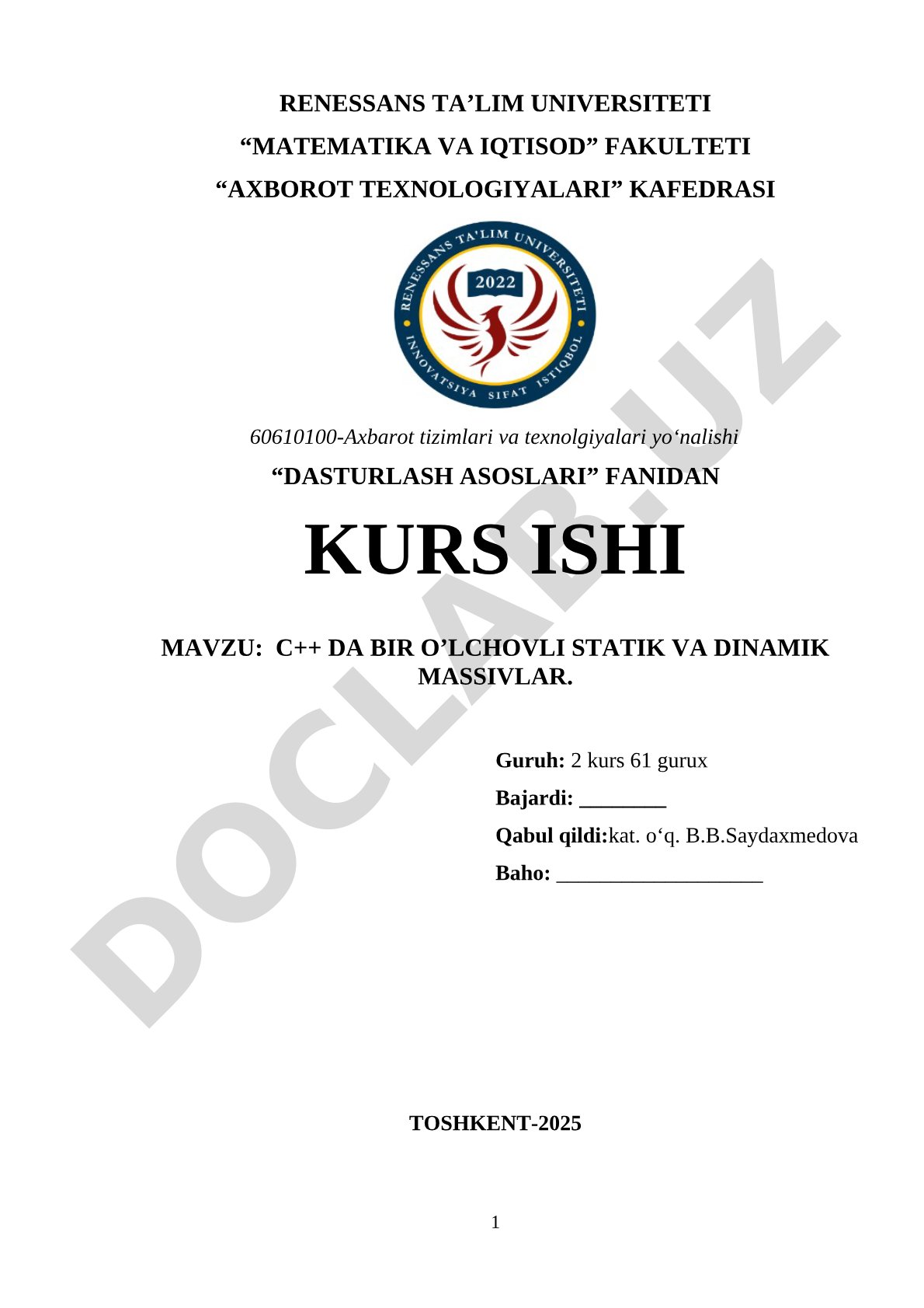 C++ da bir o'lchovli statik va dinamik massivlar