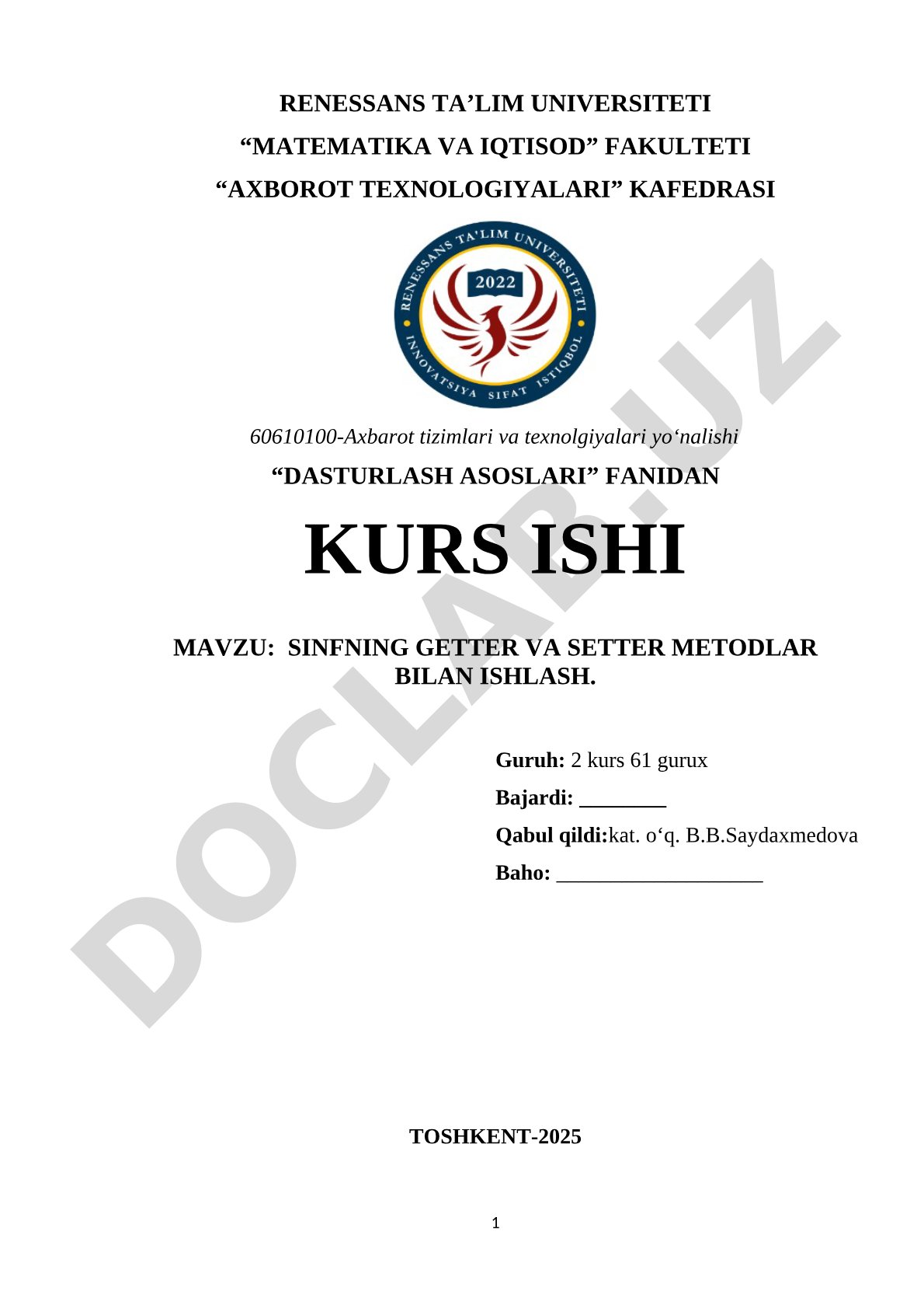 Sinfning getter va setter metodlar bilan ishlash