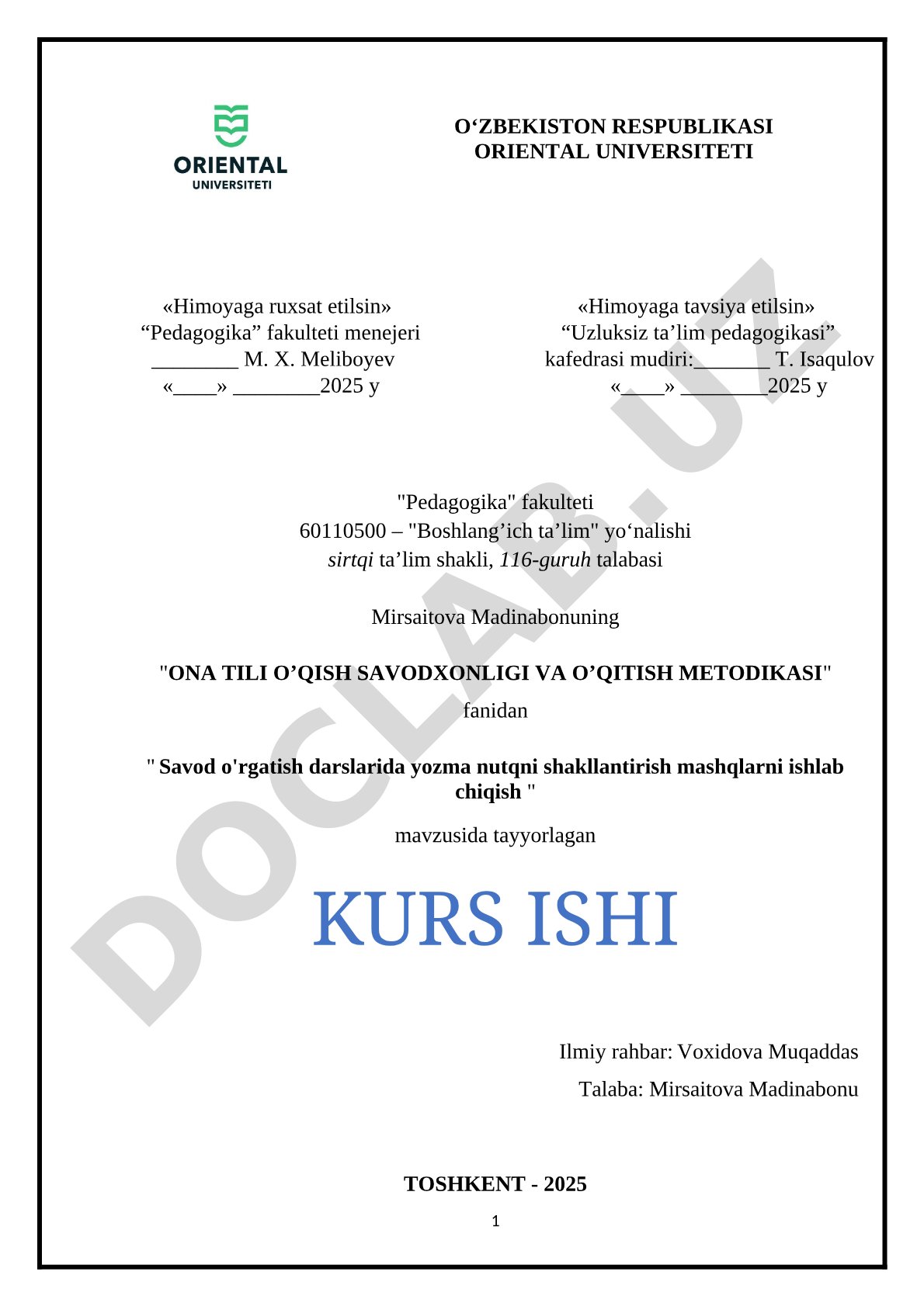 Savod o'rgatish darslarida yozma nutqni shakllantirish mashqlarni ishlab chiqish
