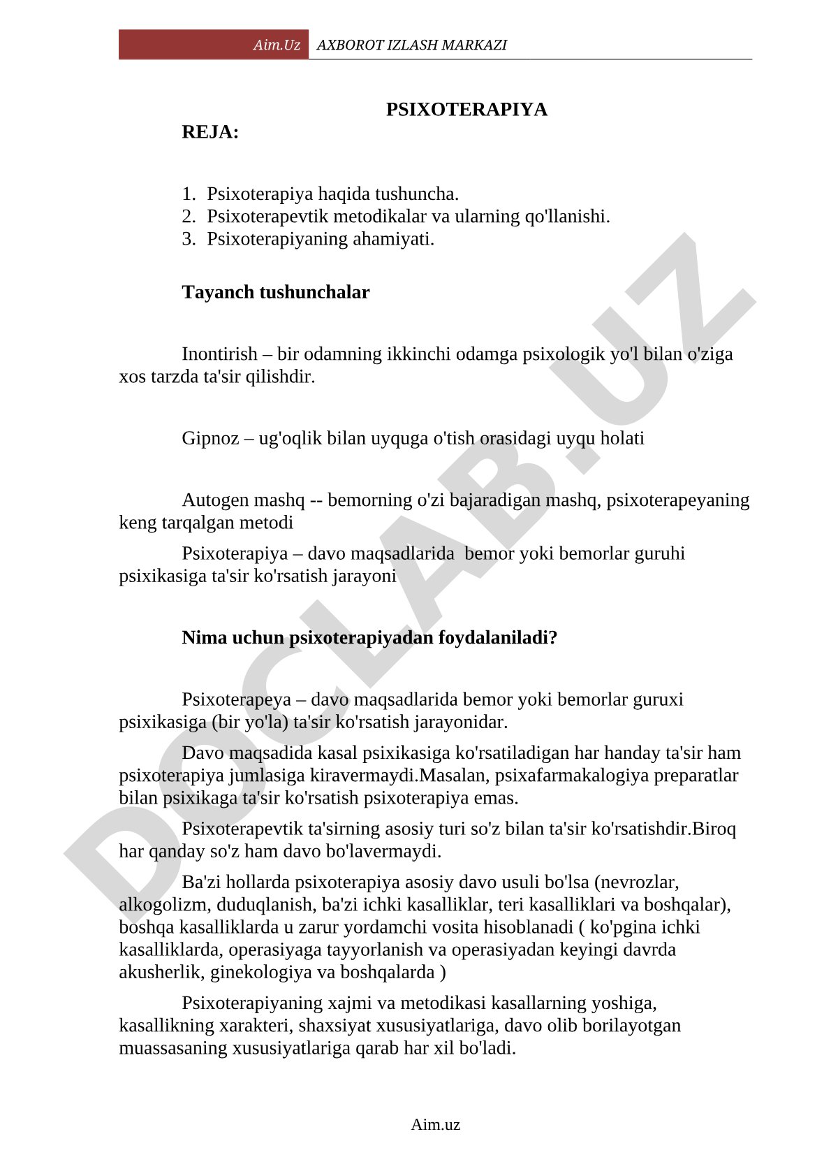 Psixoterapiya reja: tushuncha, metodikalar va ahamiyati
