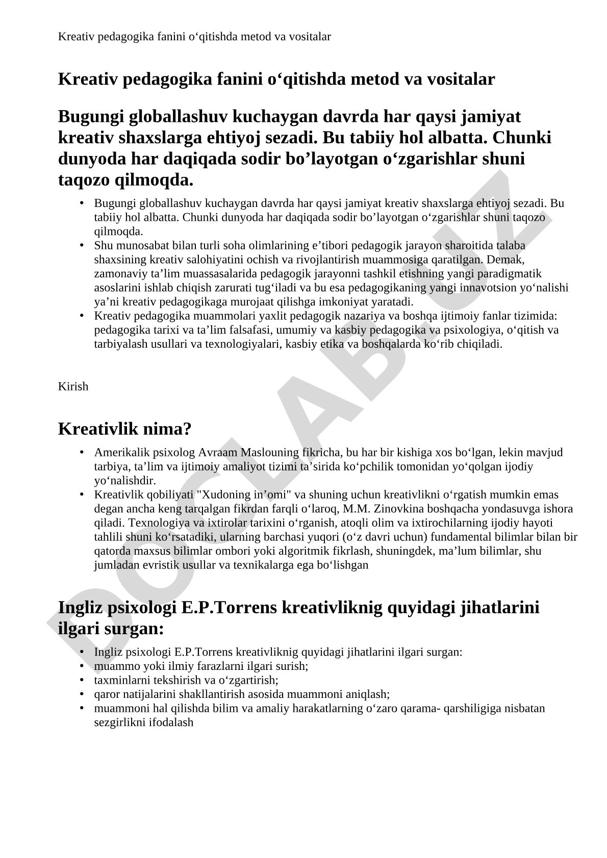 Kreativ pedagogika fanini o‘qitishda metod va vositalar