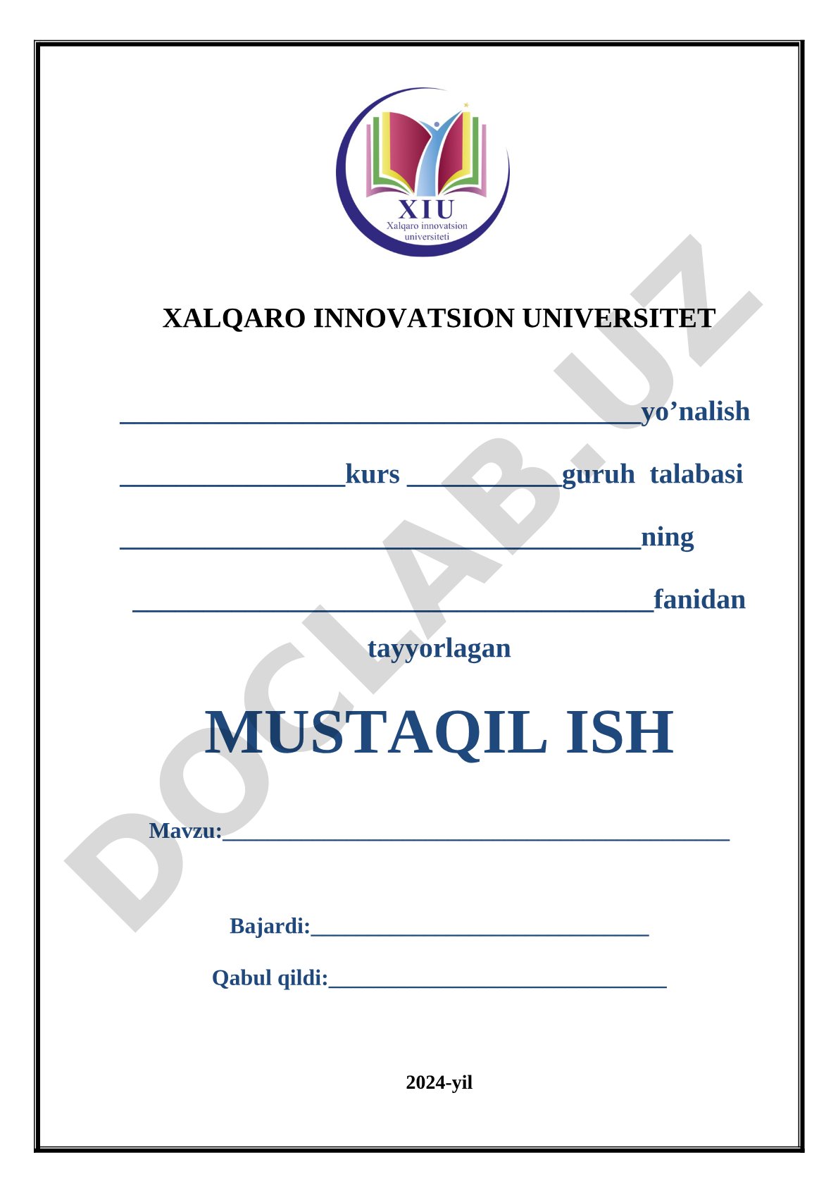 Mustaqil ish muqovasi