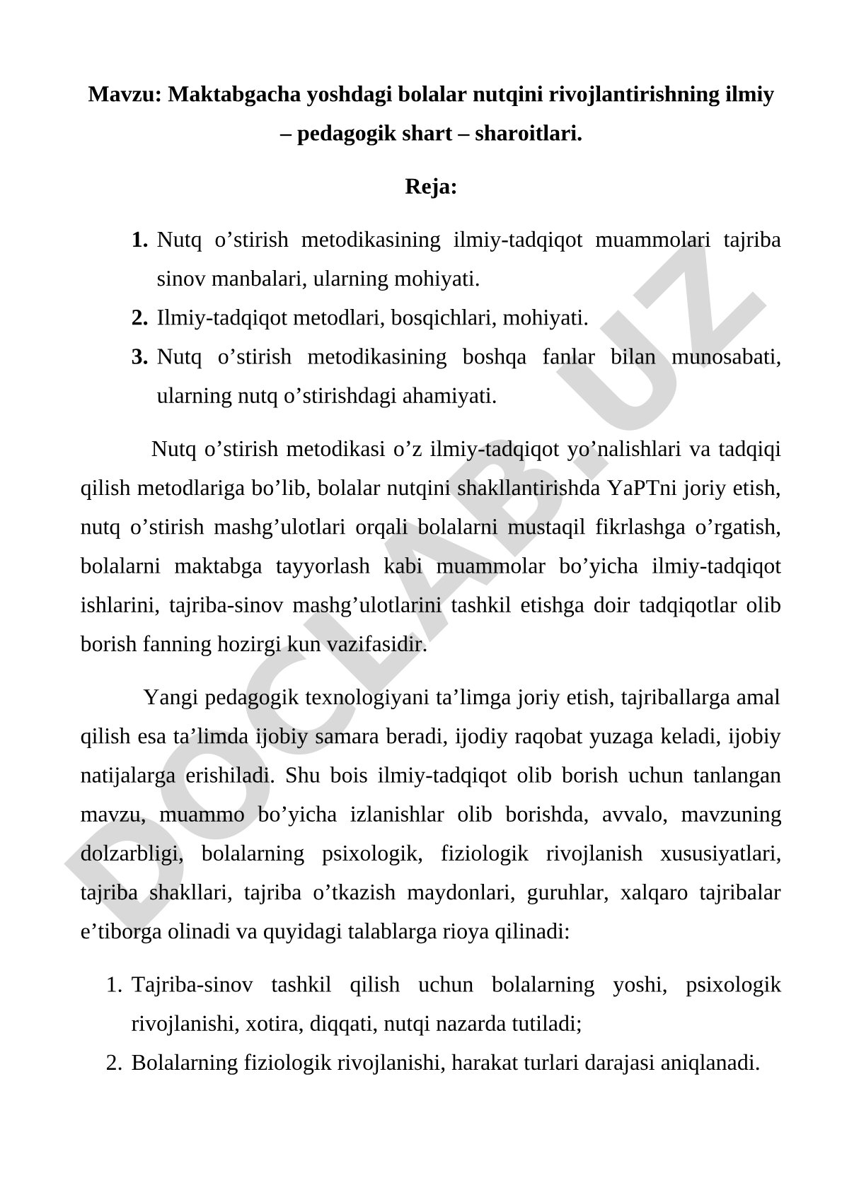 Maktabgacha yoshdagi bolalar nutqini rivojlantirishning ilmiy – pedagogik shart – sharoitlari