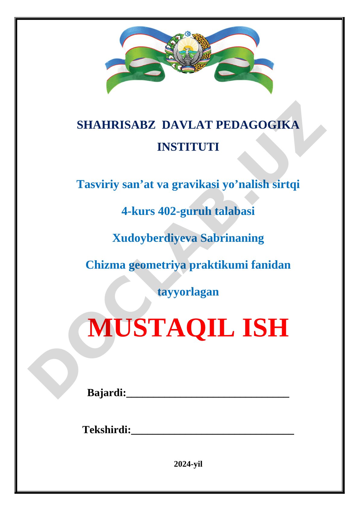 Chizma geometriya praktikumi fanidan mustaqil ish