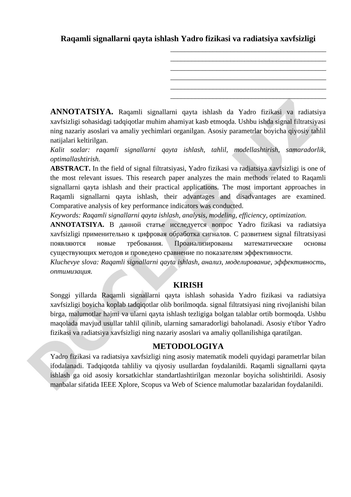 Raqamli signallarni qayta ishlashda Yadro fizikasi va radiatsiya xavfsizligi