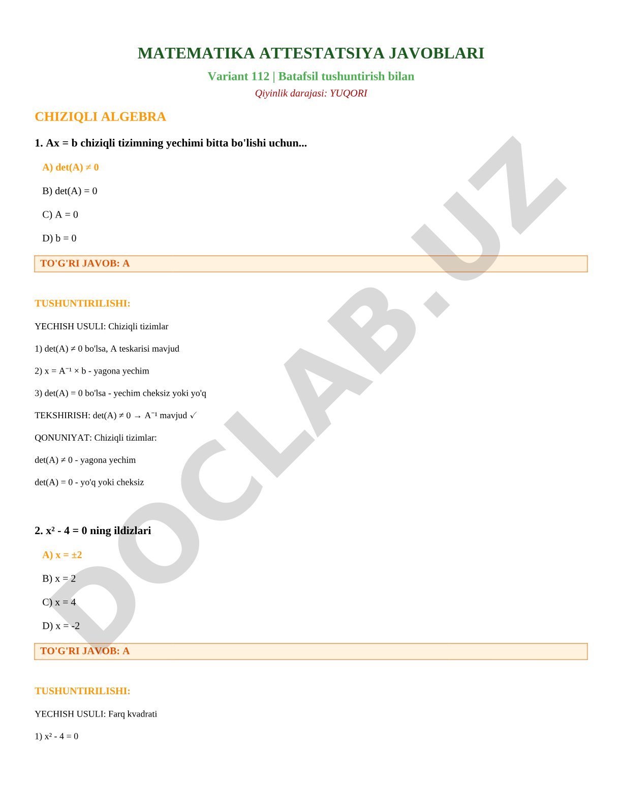 MATEMATIKA ATTESTATSIYA JAVOBLARI Variant 112