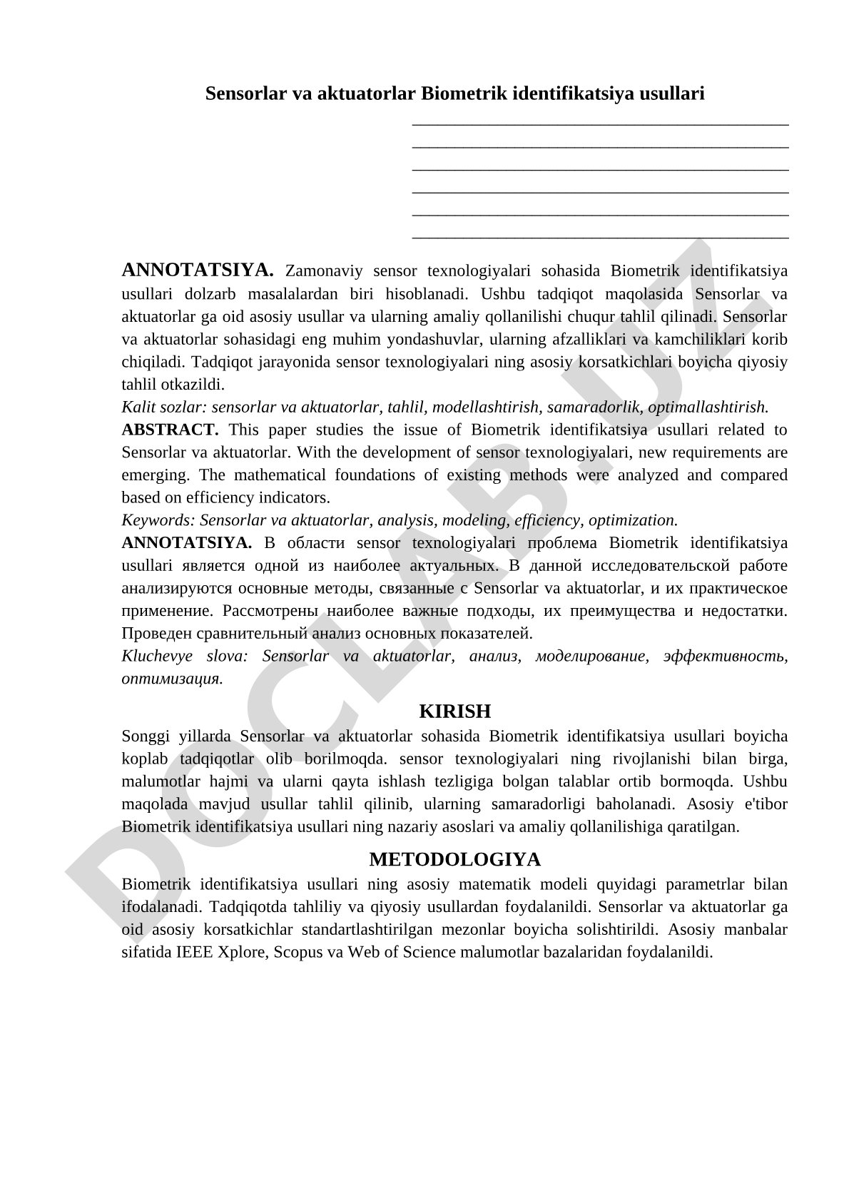 Sensorlar va aktuatorlar Biometrik identifikatsiya usullari
