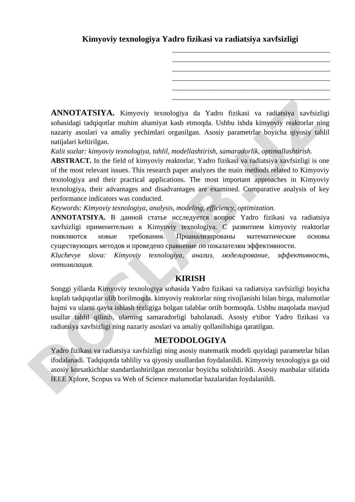 Kimyoviy texnologiya va yadro fizikasi radiatsiya xavfsizligi tadqiqotlari