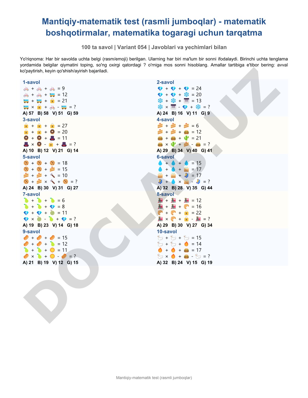 Mantiqiy-matematik test (rasmli jumboqlar)
