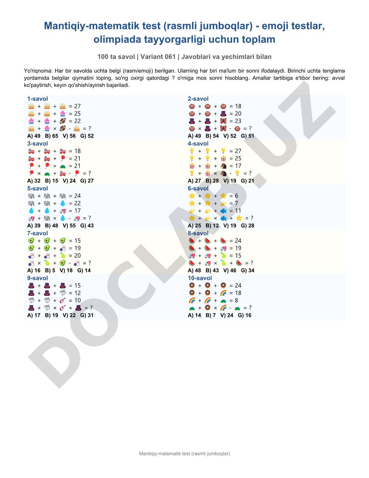 Mantiqiy-matematik test (rasmli jumboqlar)