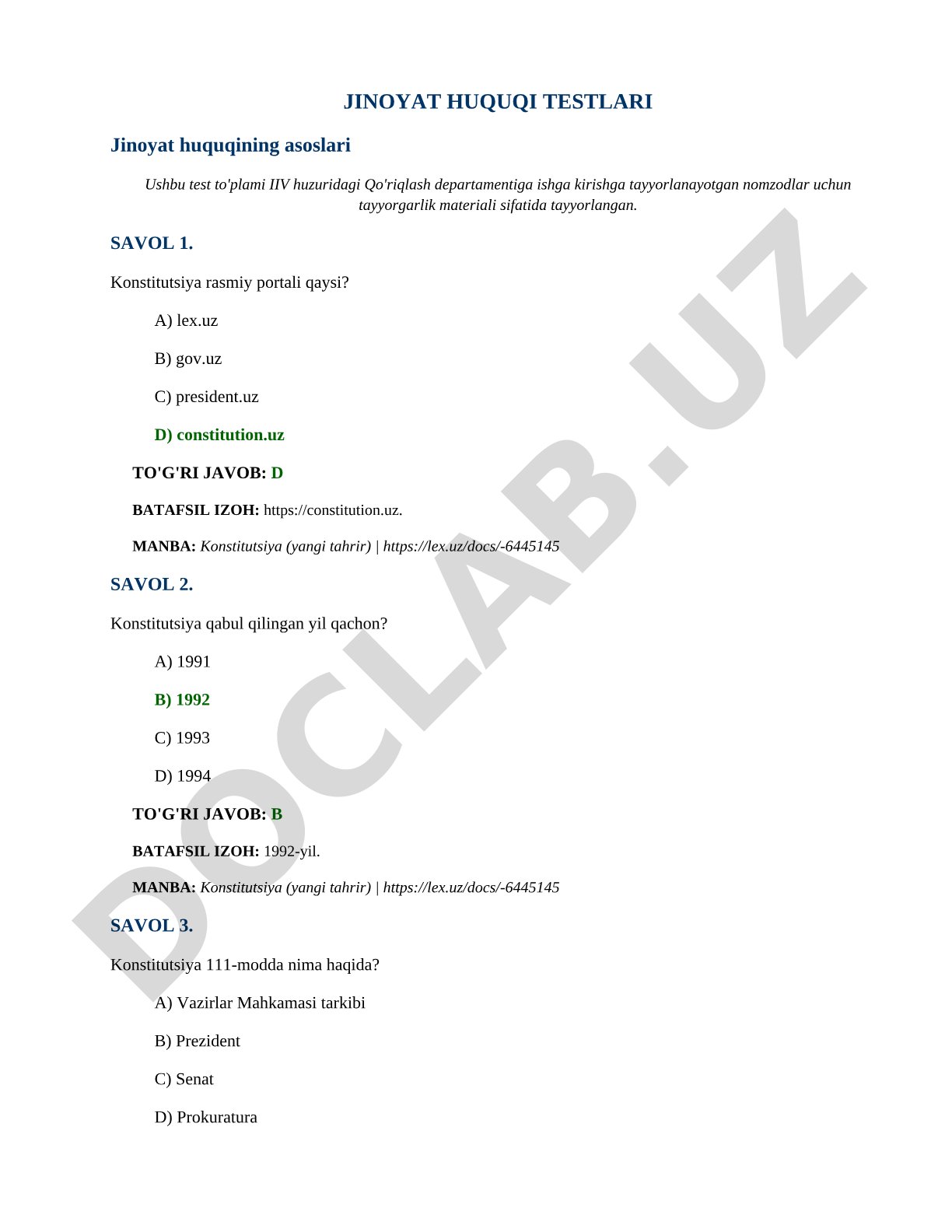 Jinoyat huquqi asoslari bo'yicha test savollari