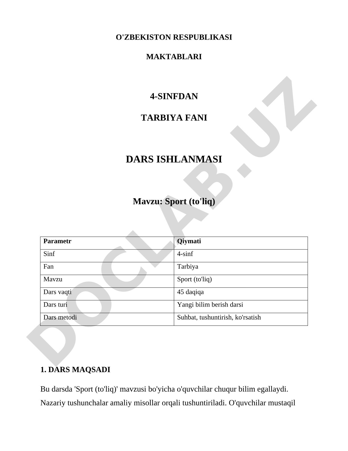 Sport (to'liq) dars ishlanmasi