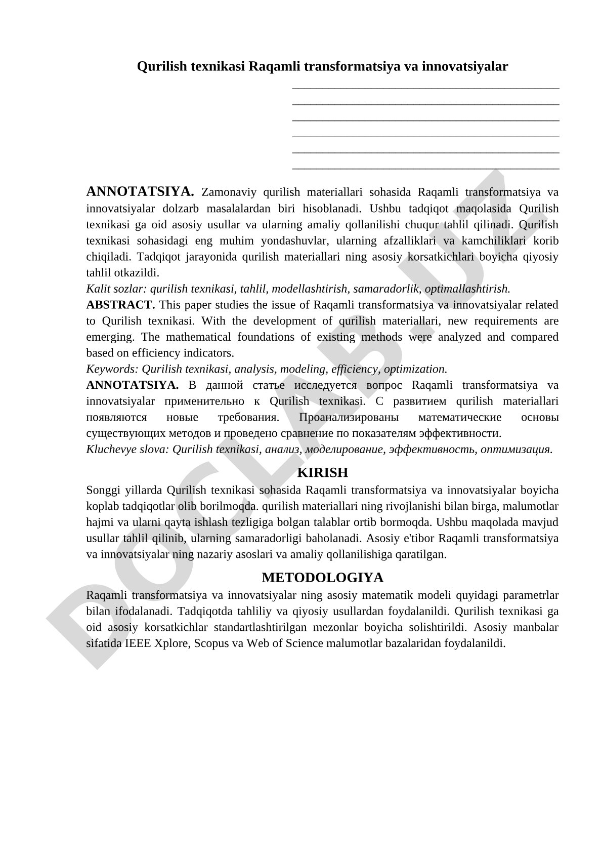 Qurilish texnikasi Raqamli transformatsiya va innovatsiyalar