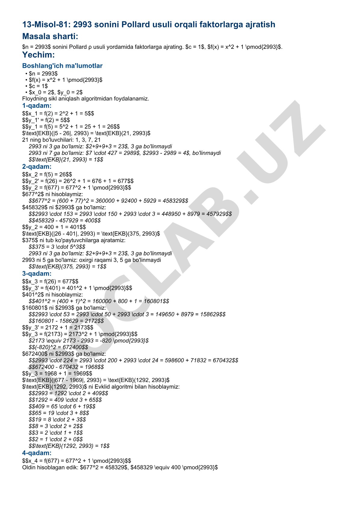 2993 sonini Pollard ρ usuli orqali faktorlarga ajratish