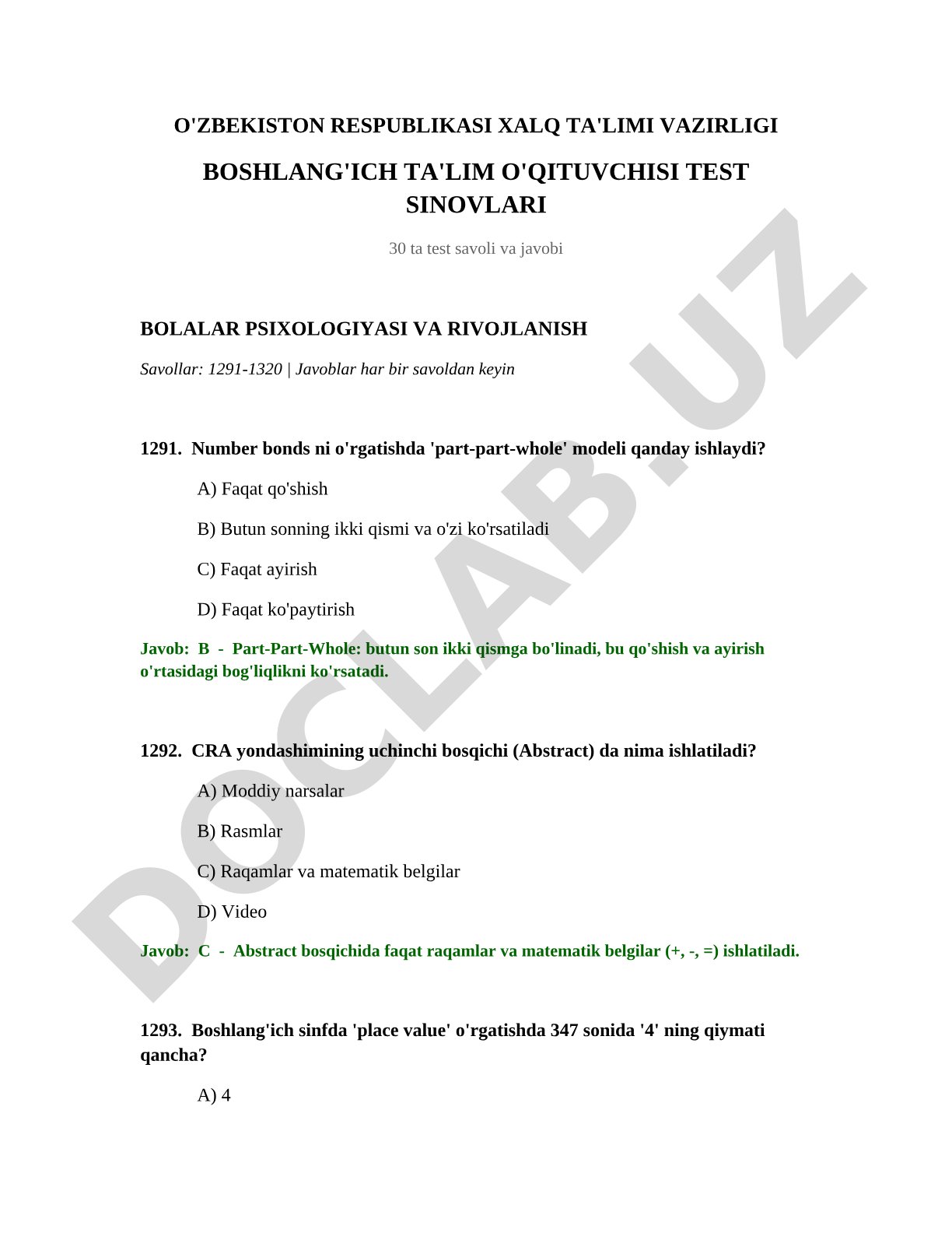 Boshlang'ich ta'lim o'qituvchisi test sinovlari: bolalar psixologiyasi va rivojlanish