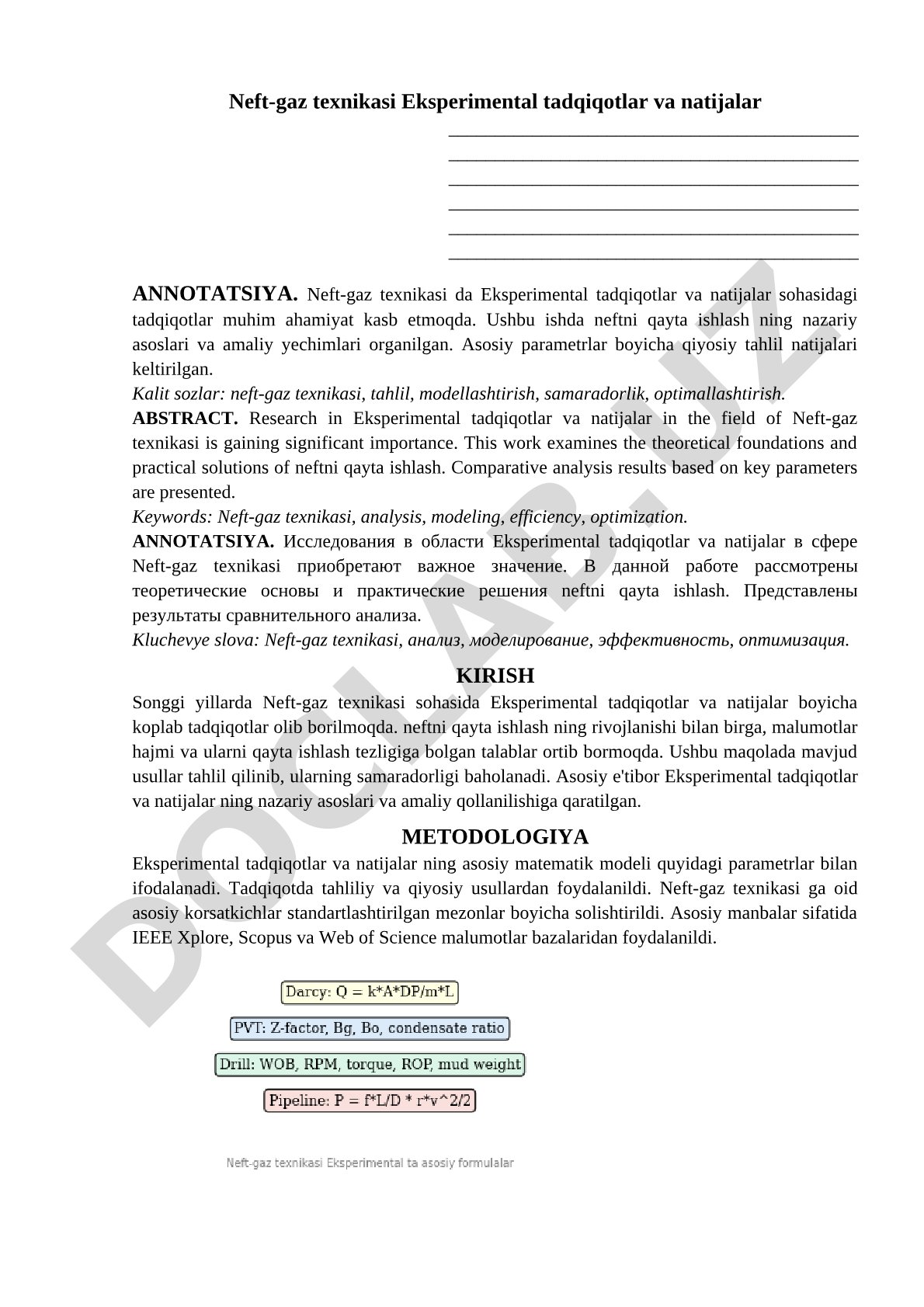 Neft-gaz texnikasi Eksperimental tadqiqotlar va natijalar