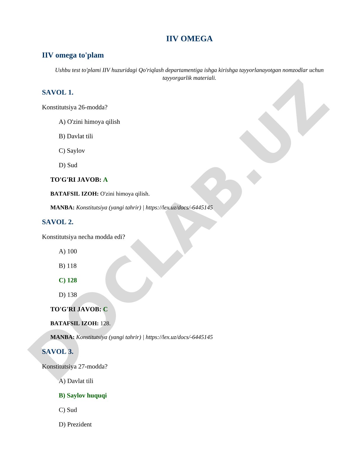 O'zbekiston Konstitutsiyasi test savollari