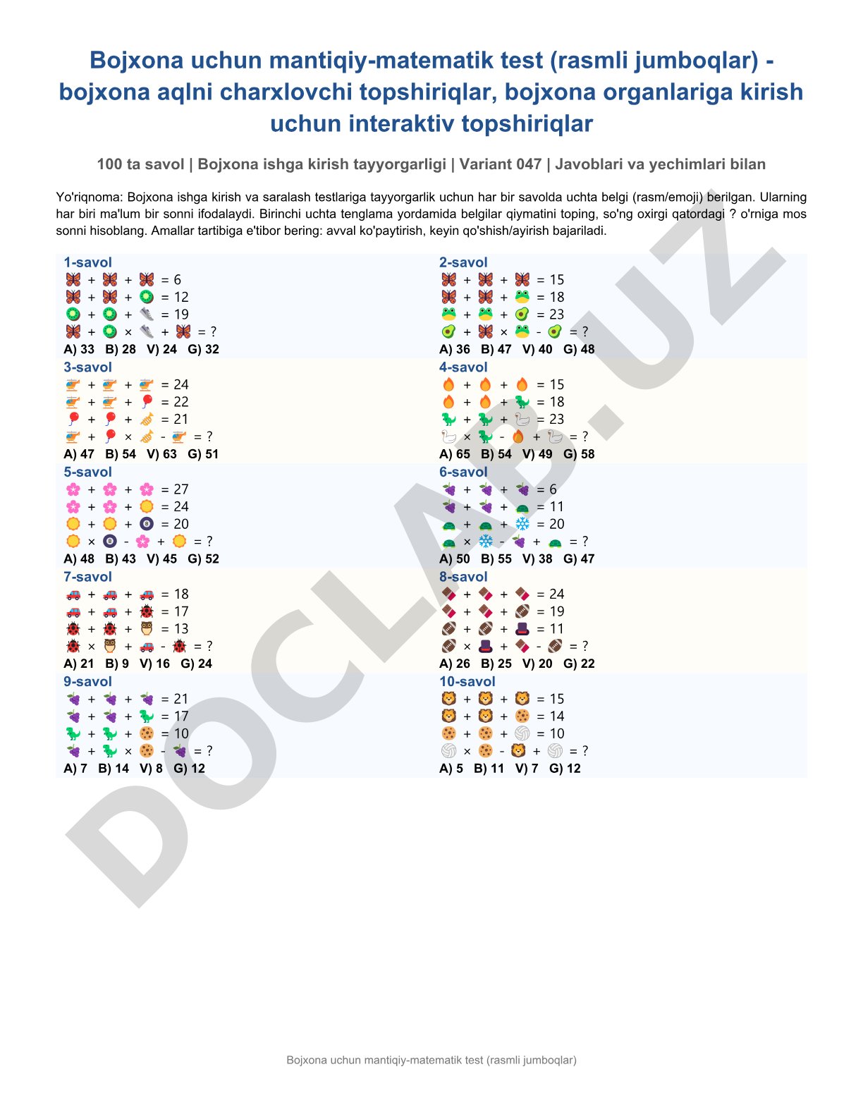 Bojxona uchun mantiqiy-matematik test (rasmli jumboqlar)