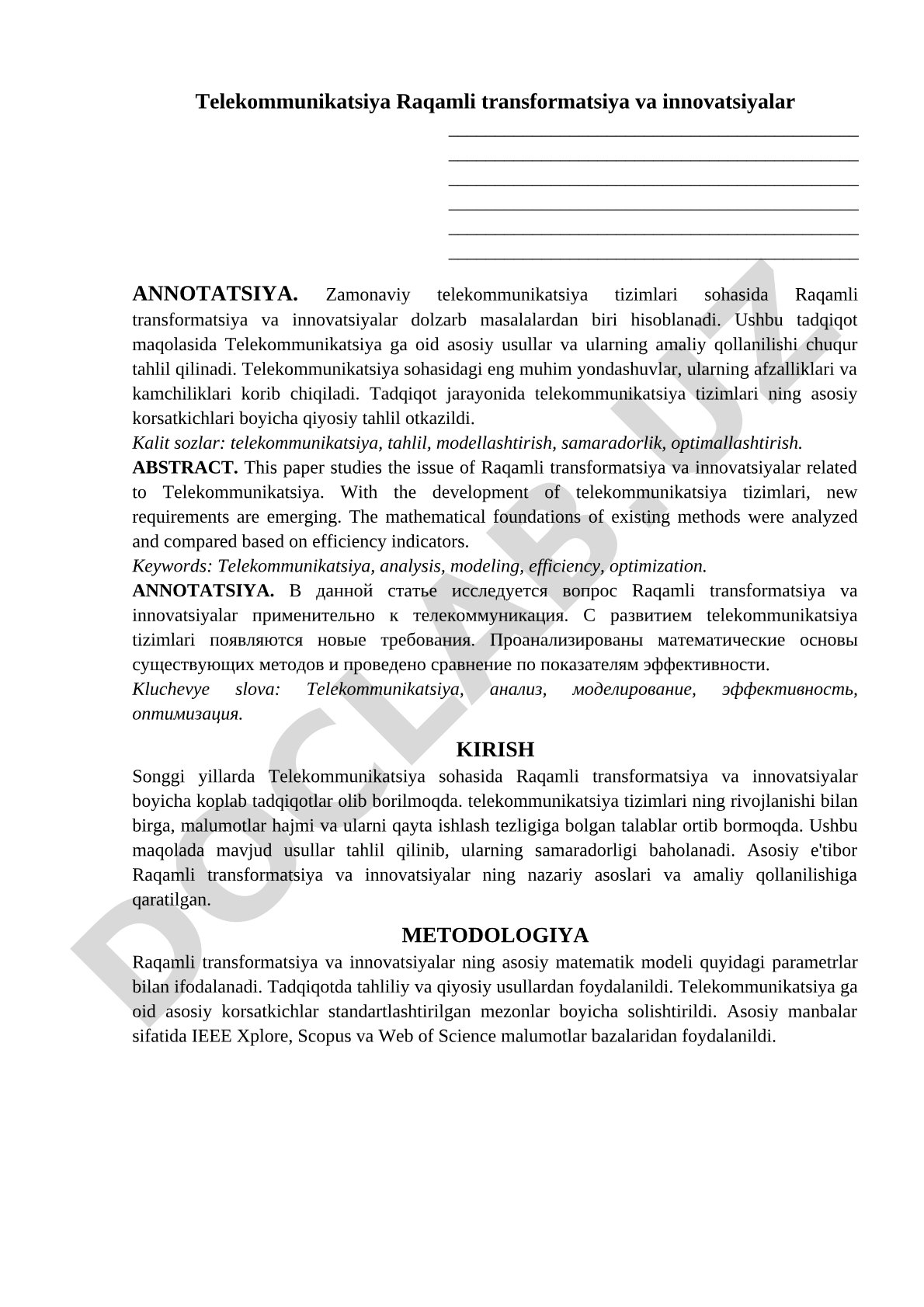 Telekommunikatsiya Raqamli transformatsiya va innovatsiyalar