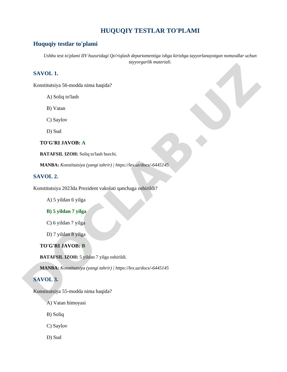 Huquqiy testlar to'plami