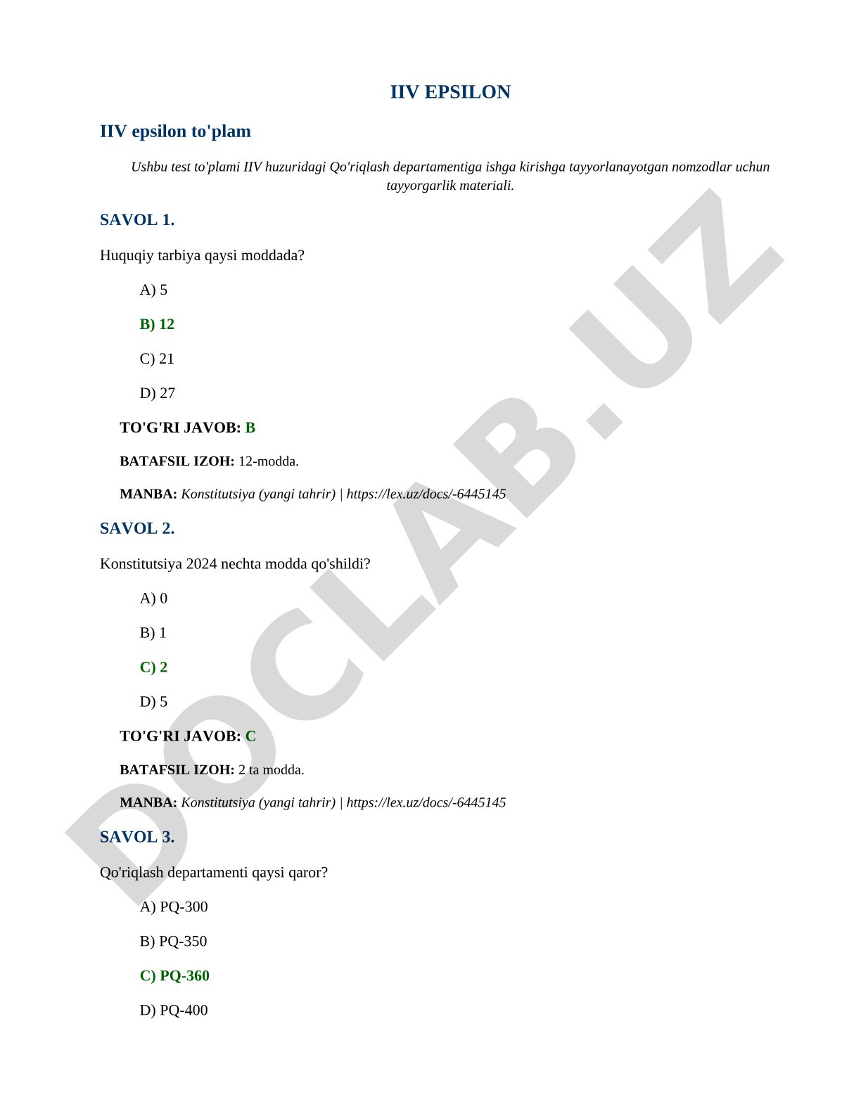 IIV Qo'riqlash departamentiga nomzodlar uchun test to'plami