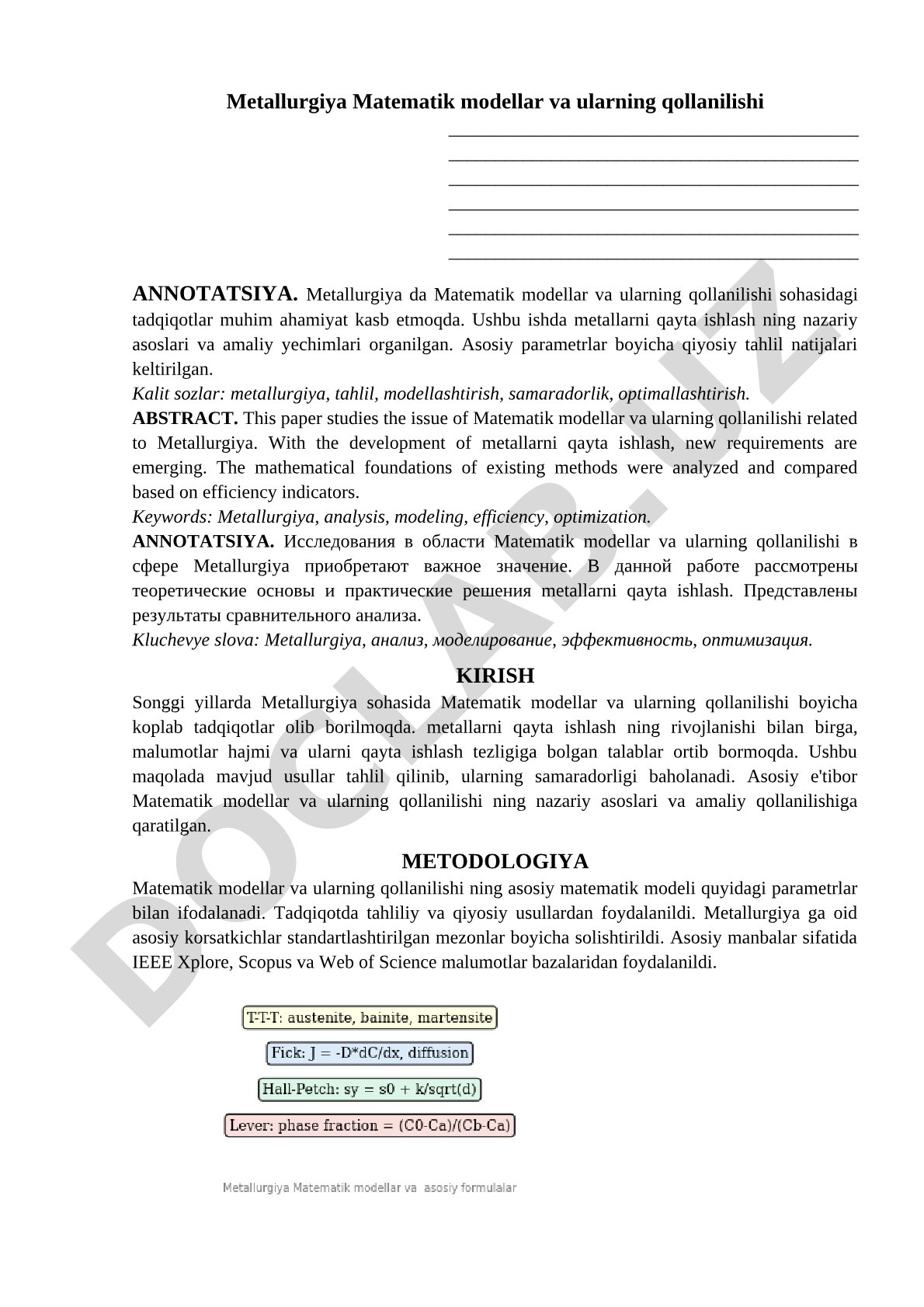 Metallurgiya Matematik modellar va ularning qollanilishi