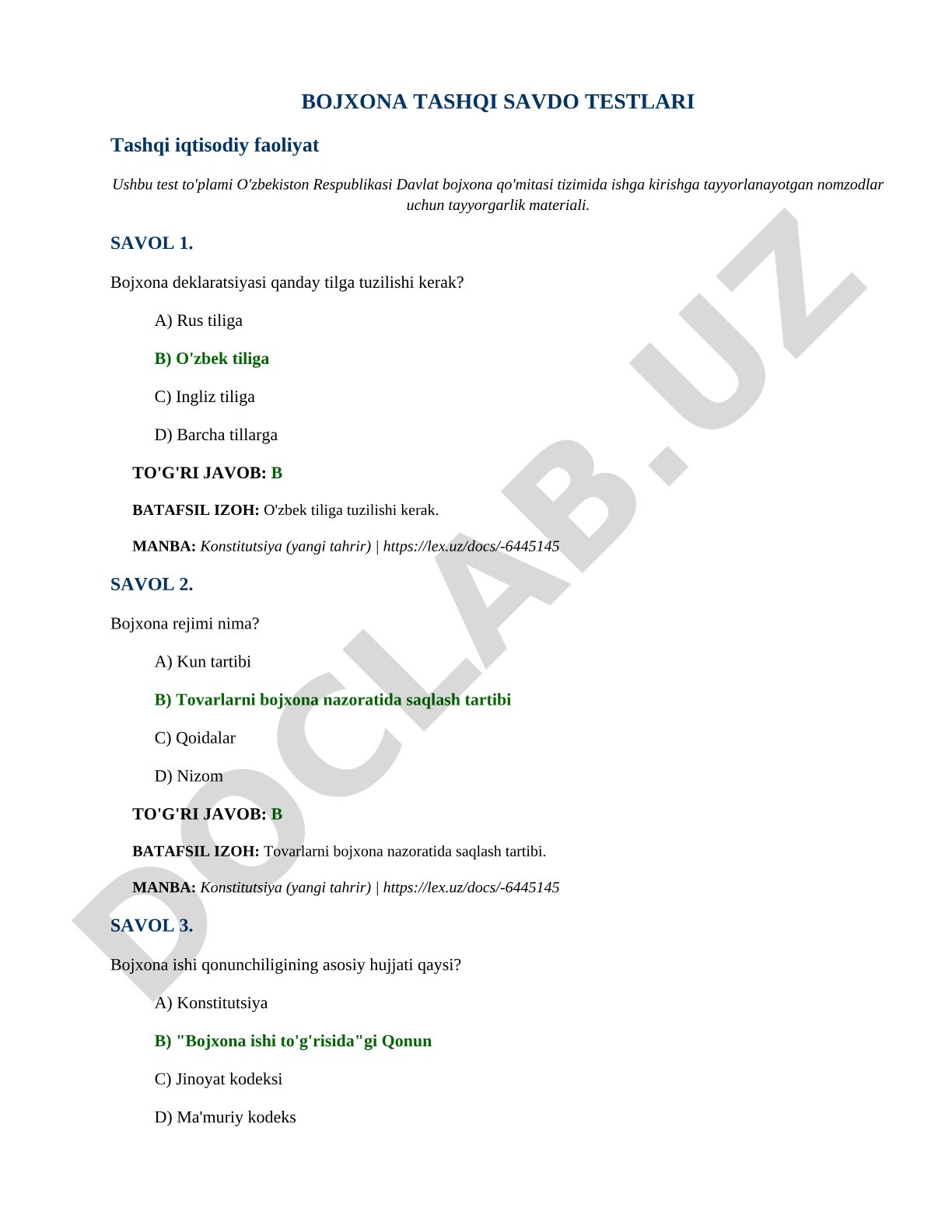 Bojxona tashqi savdo testlari