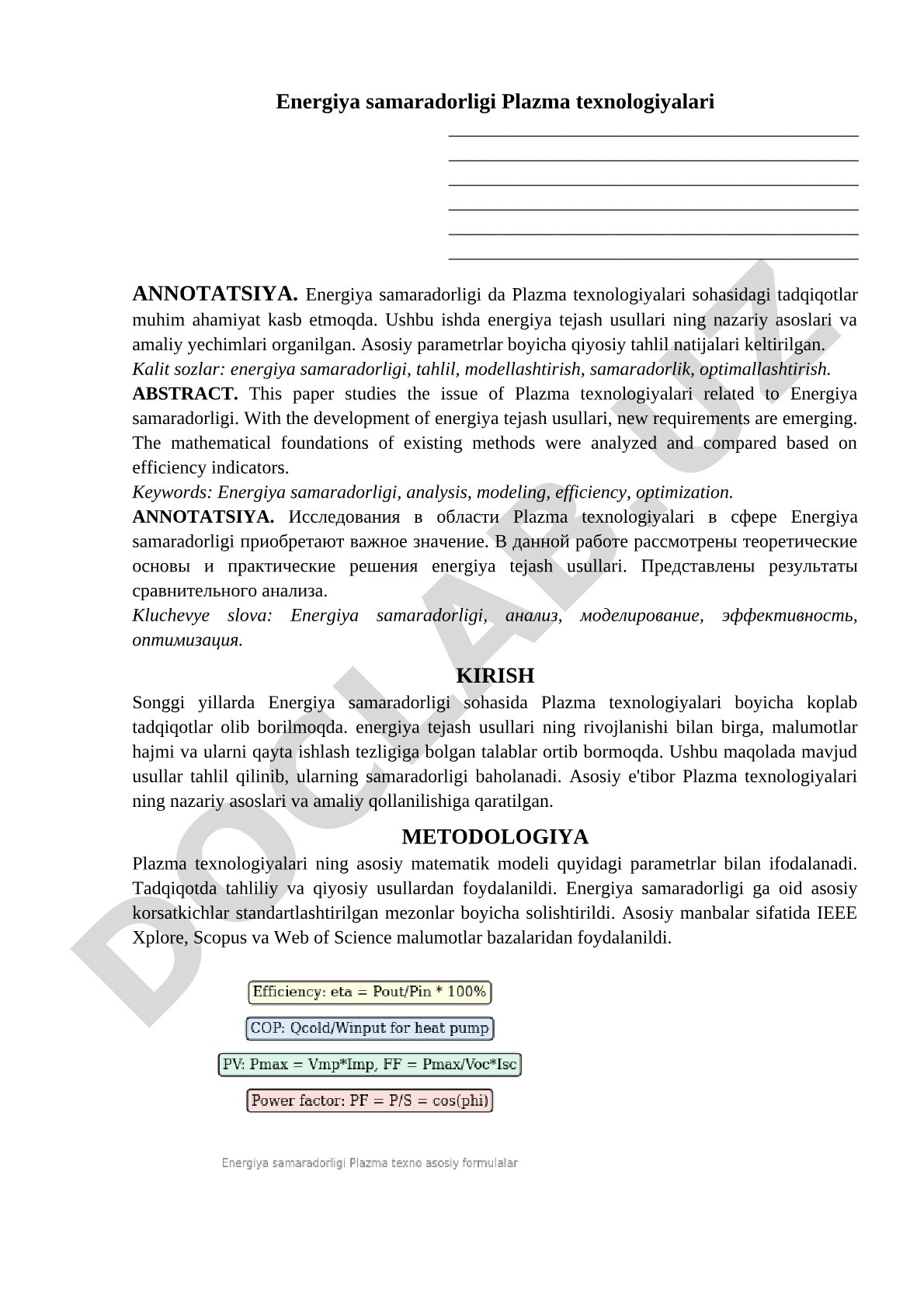Energiya samaradorligi Plazma texnologiyalari