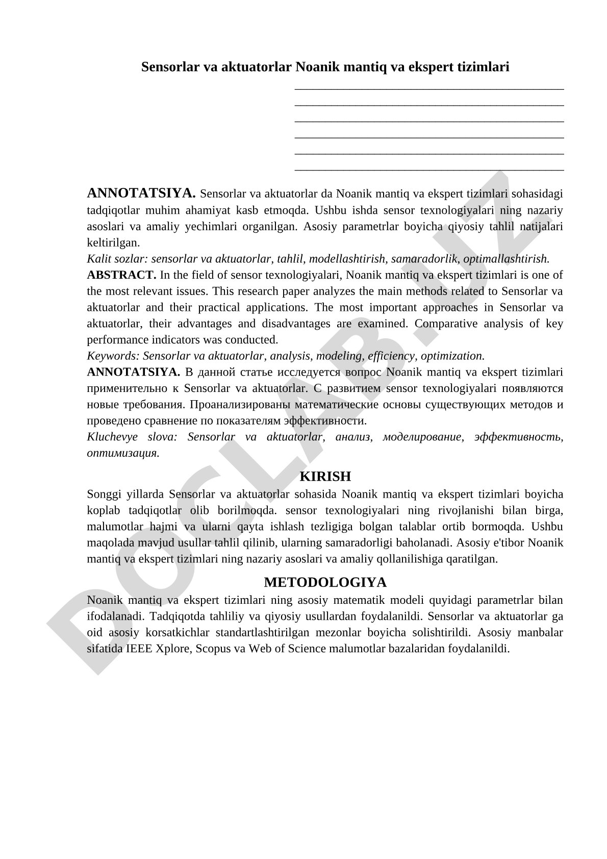 Sensorlar va aktuatorlar Noanik mantiq va ekspert tizimlari