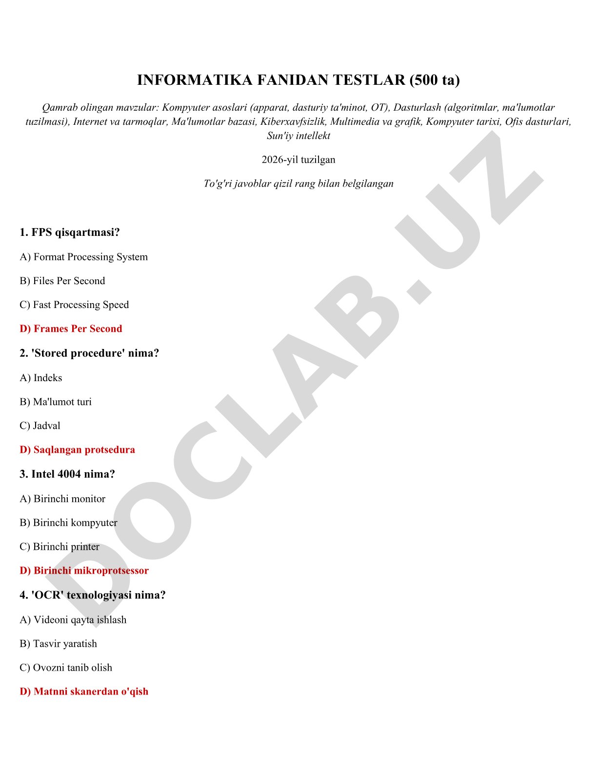 Informatika fanidan testlar (500 ta)