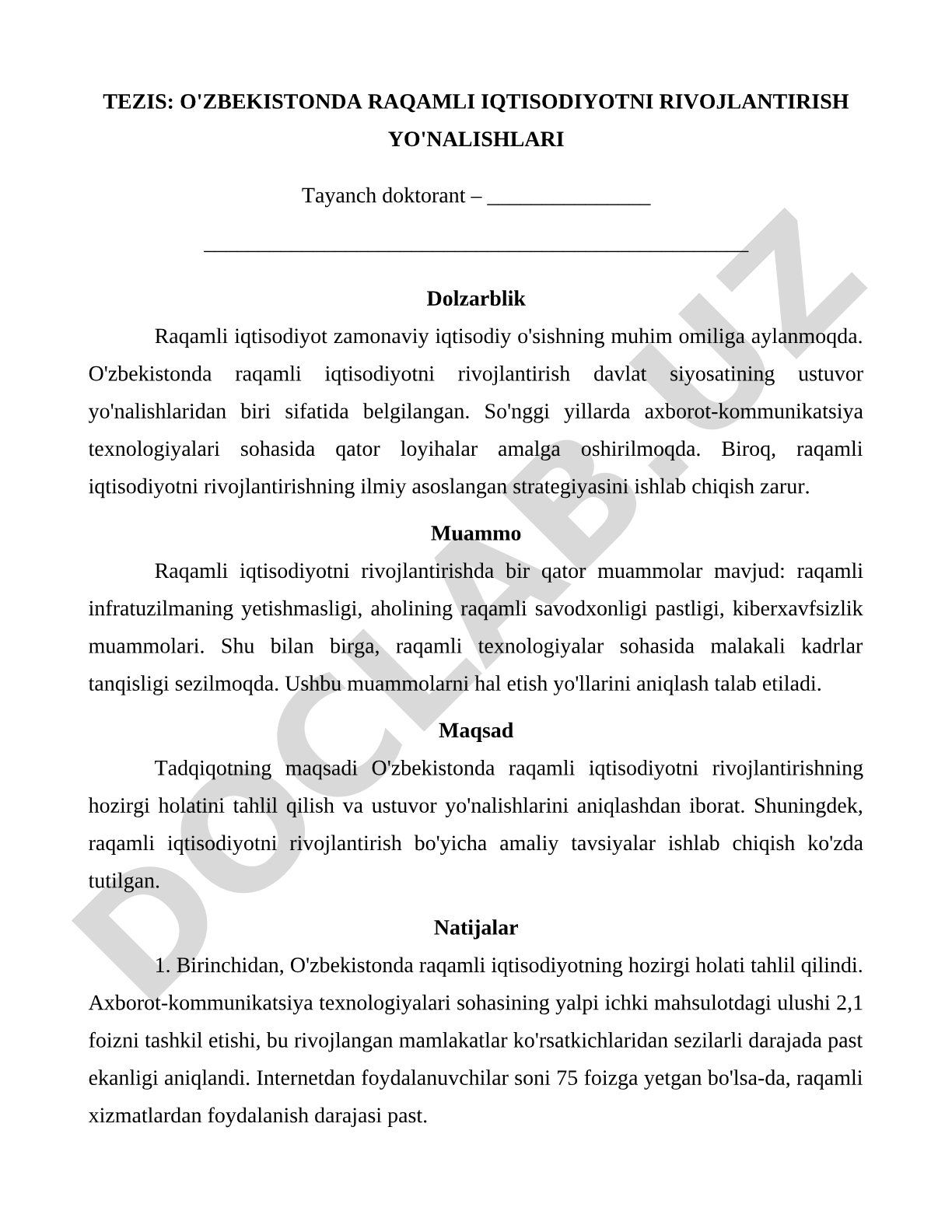 O'zbekistonda raqamli iqtisodiyotni rivojlantirish yo'nalishlari