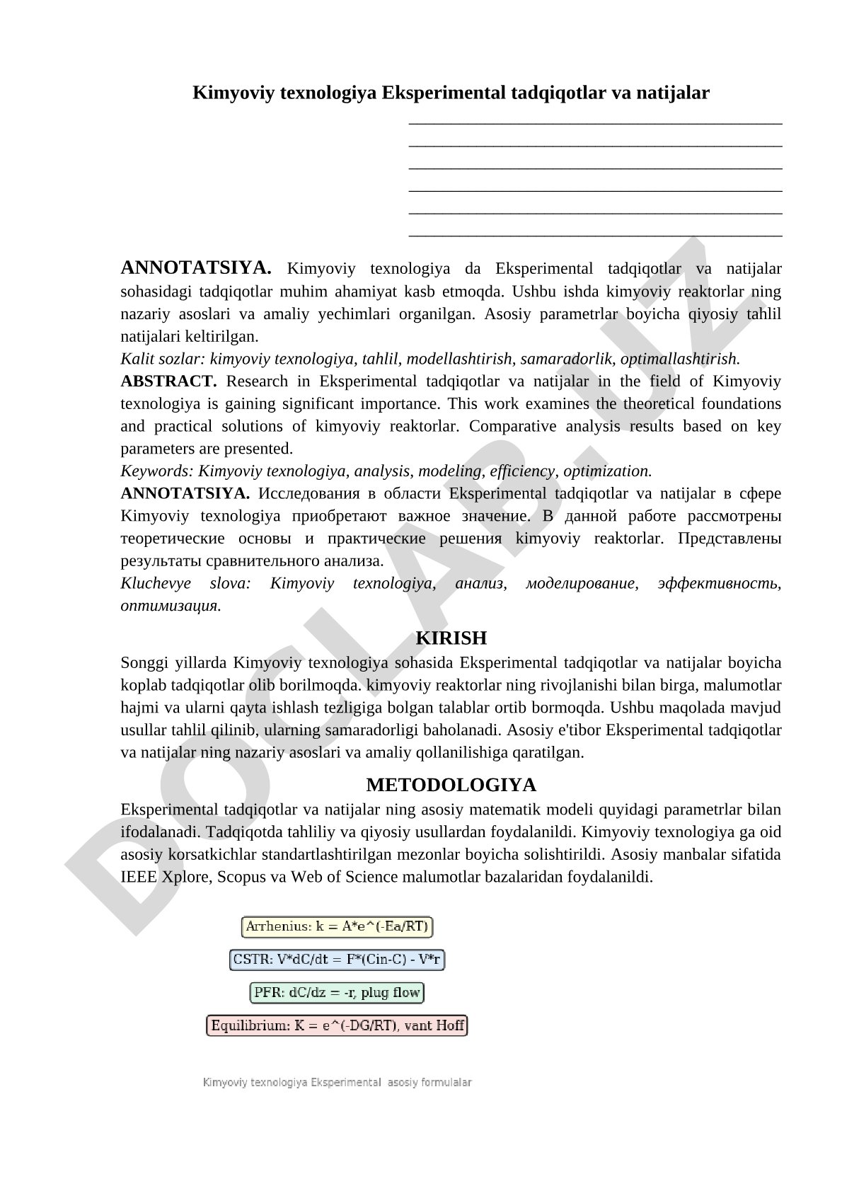 Kimyoviy texnologiya Eksperimental tadqiqotlar va natijalar